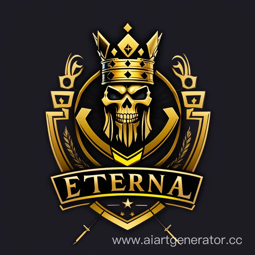 сделай логотип для клана с названием Eternal Team в черно золотом стиле на заднем фоне царь с автоматом