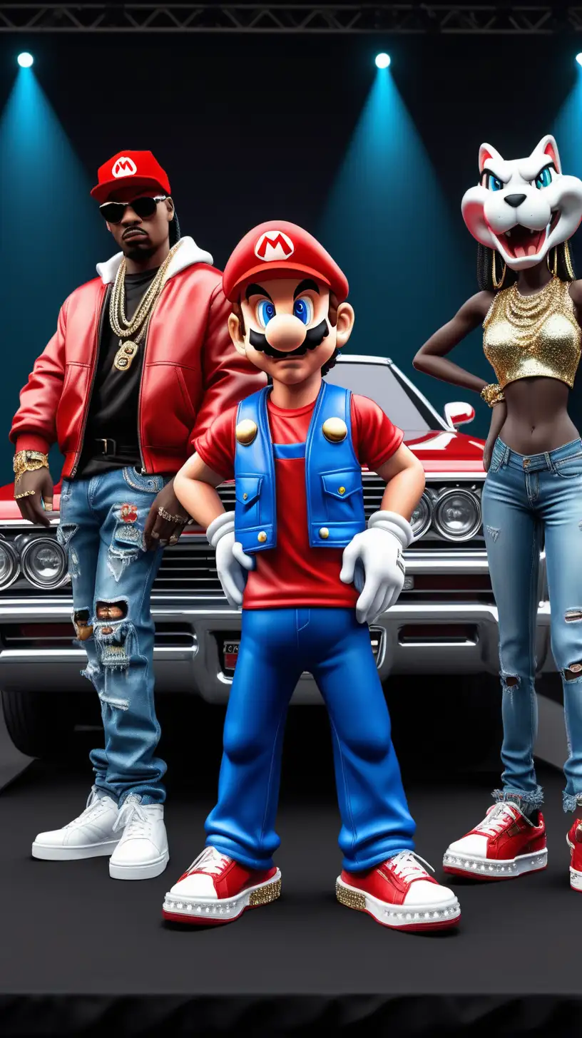 A 3d hip 
hop version of Mario wearing bling geared up on stage 
who is evil and robs people wearing pumas
 standing next to a low rider 64 impala