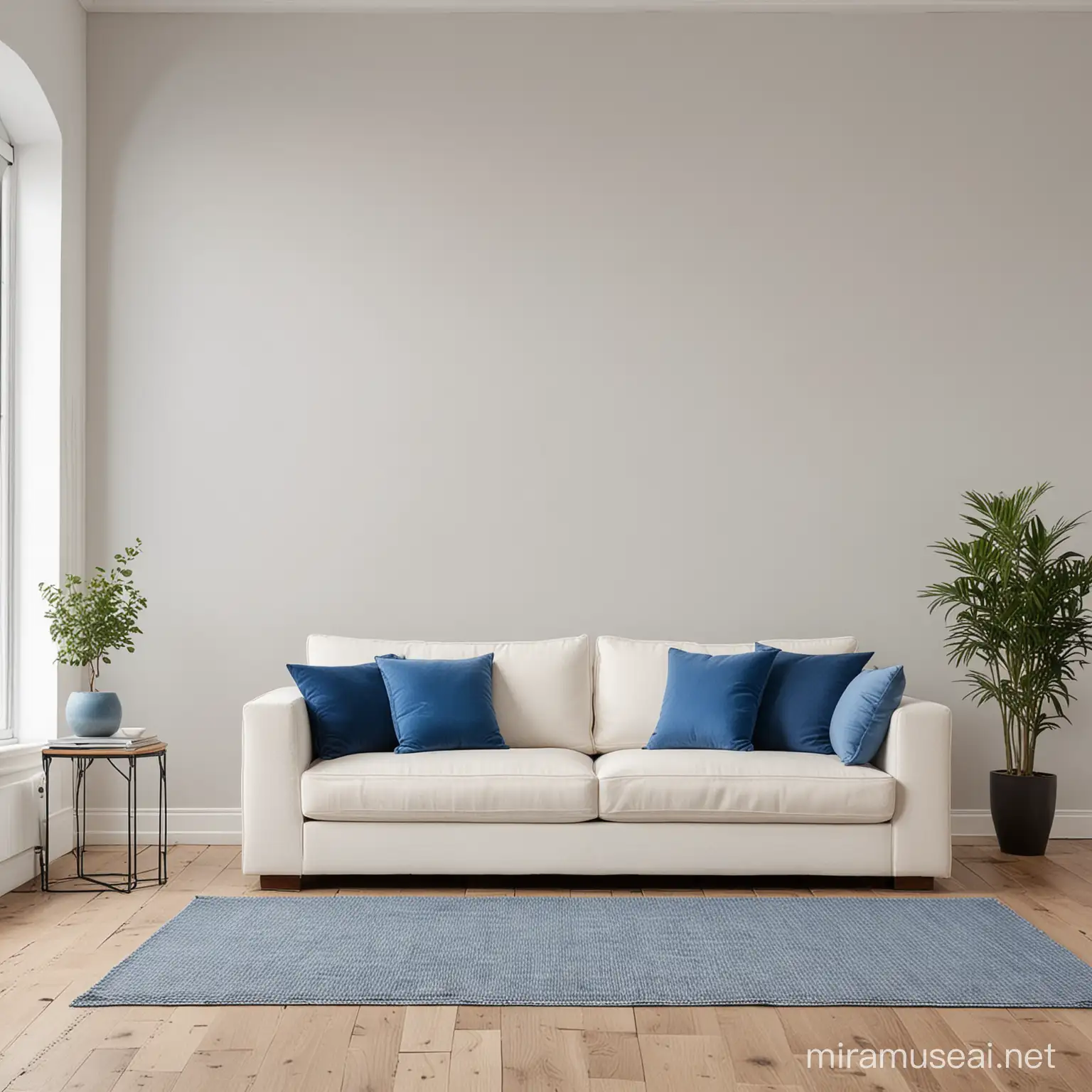 a white sofa with blue pillows in a living room against a plain light grey wall, window to the left and wooden floor