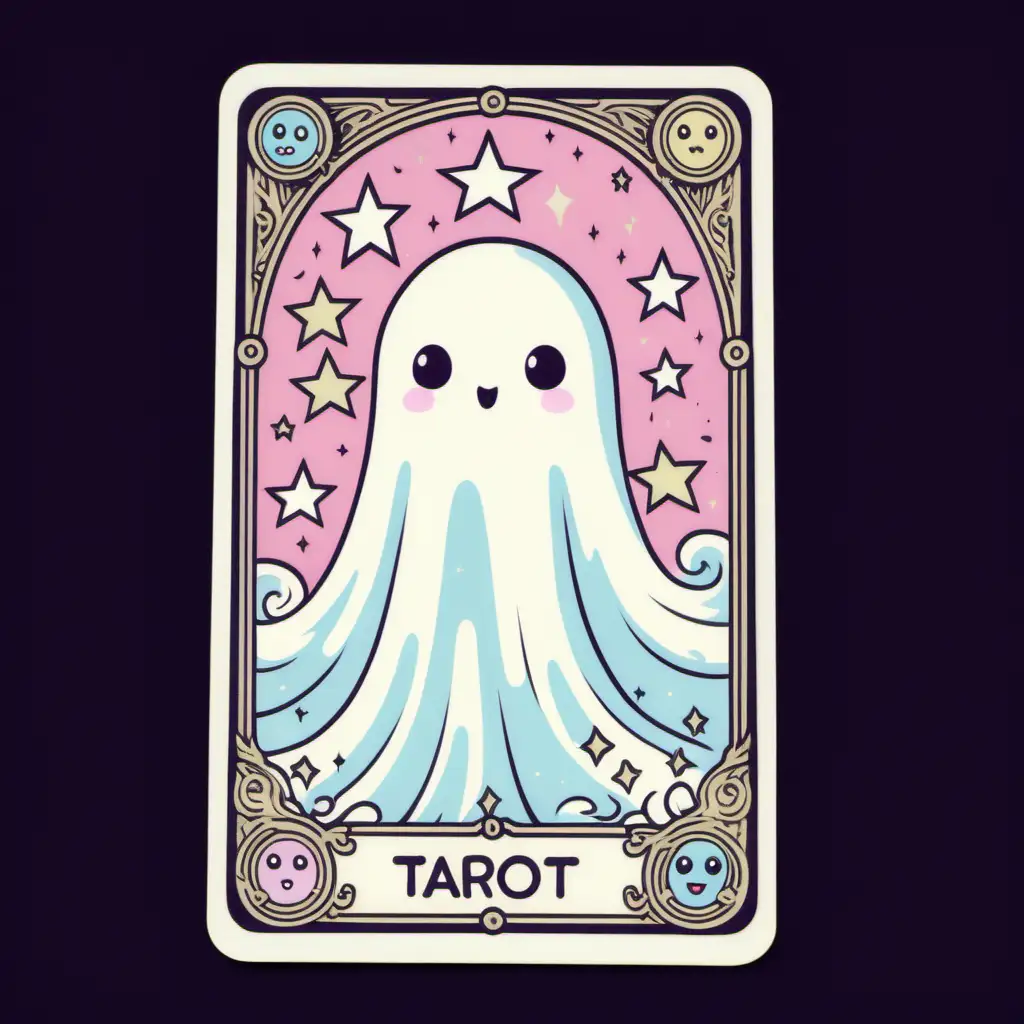 Vintage tarot card, kawaii, sanrio, pastel goth, cute white ghost