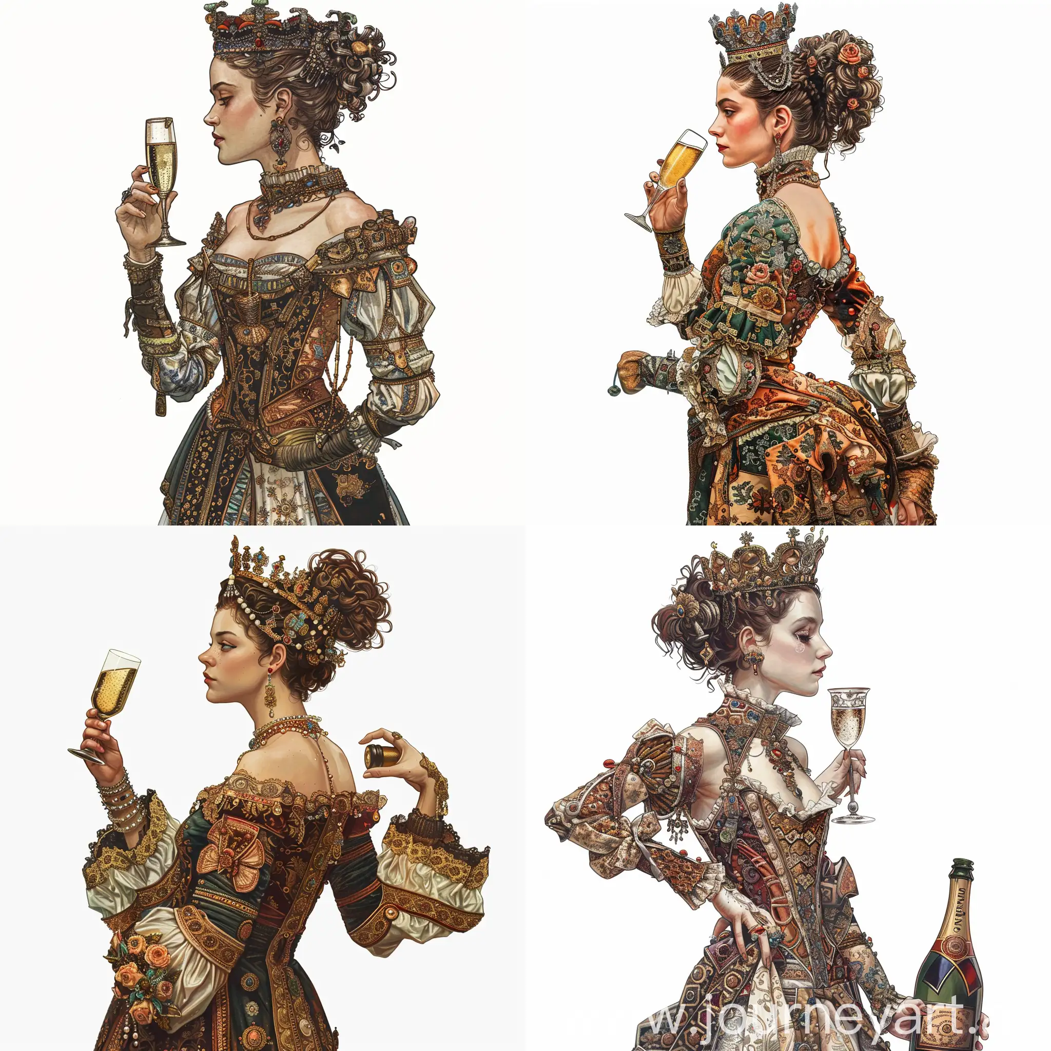 The queen of ancient Spain in profile, waist-high portrait, with a crown on her head, looking straight, in antique ornate, exquisite clothes, holding a glass glass with champagne at chin level, the other arm bent at the elbow and holding a bottle, complex colors, illustration, on a white background, Arthur Wrexham style