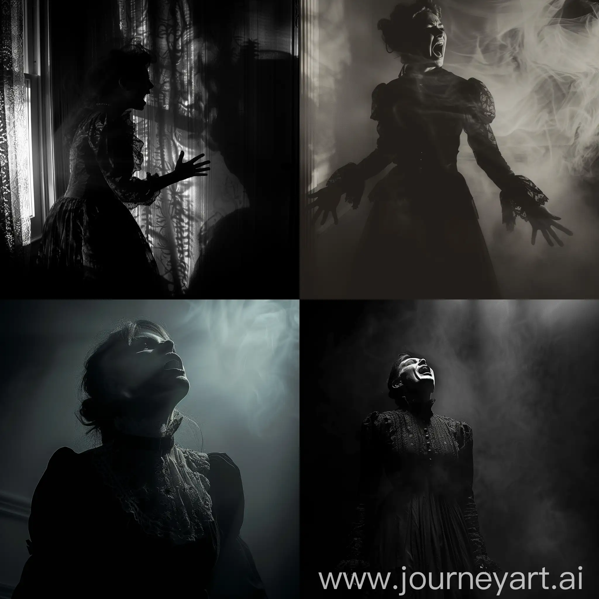ghost woman shadow, Victorian clothes, with a wail, dark