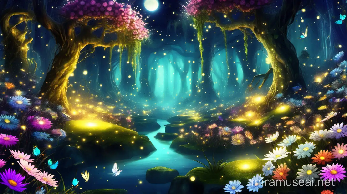 make a wonderful image of a Pandora like ecosystem, magical,shiny,full of flowers,fireflies