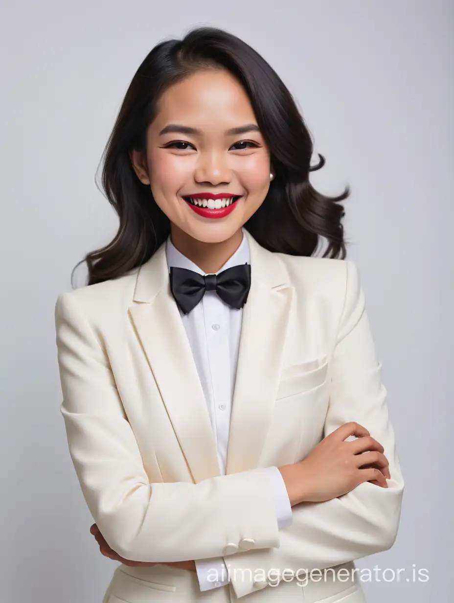 Filipino Woman in Ivory Tuxedo with Confident Smile | AI Image Generator