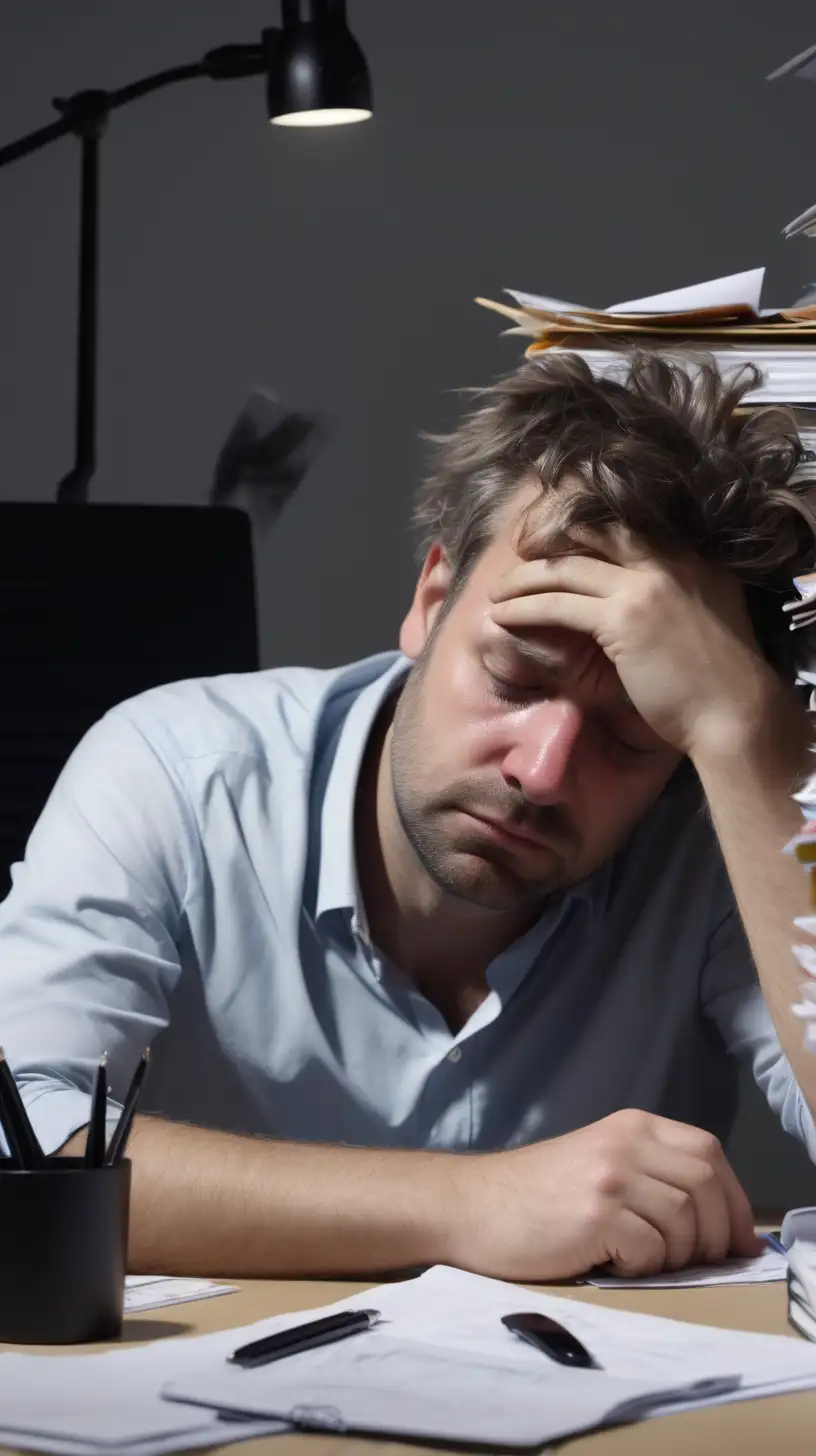 man looking exhausted and messy sleeping at his desk 4k