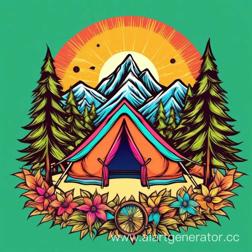 design a colorful glamping tshirt, vector, mountains, trees, sun