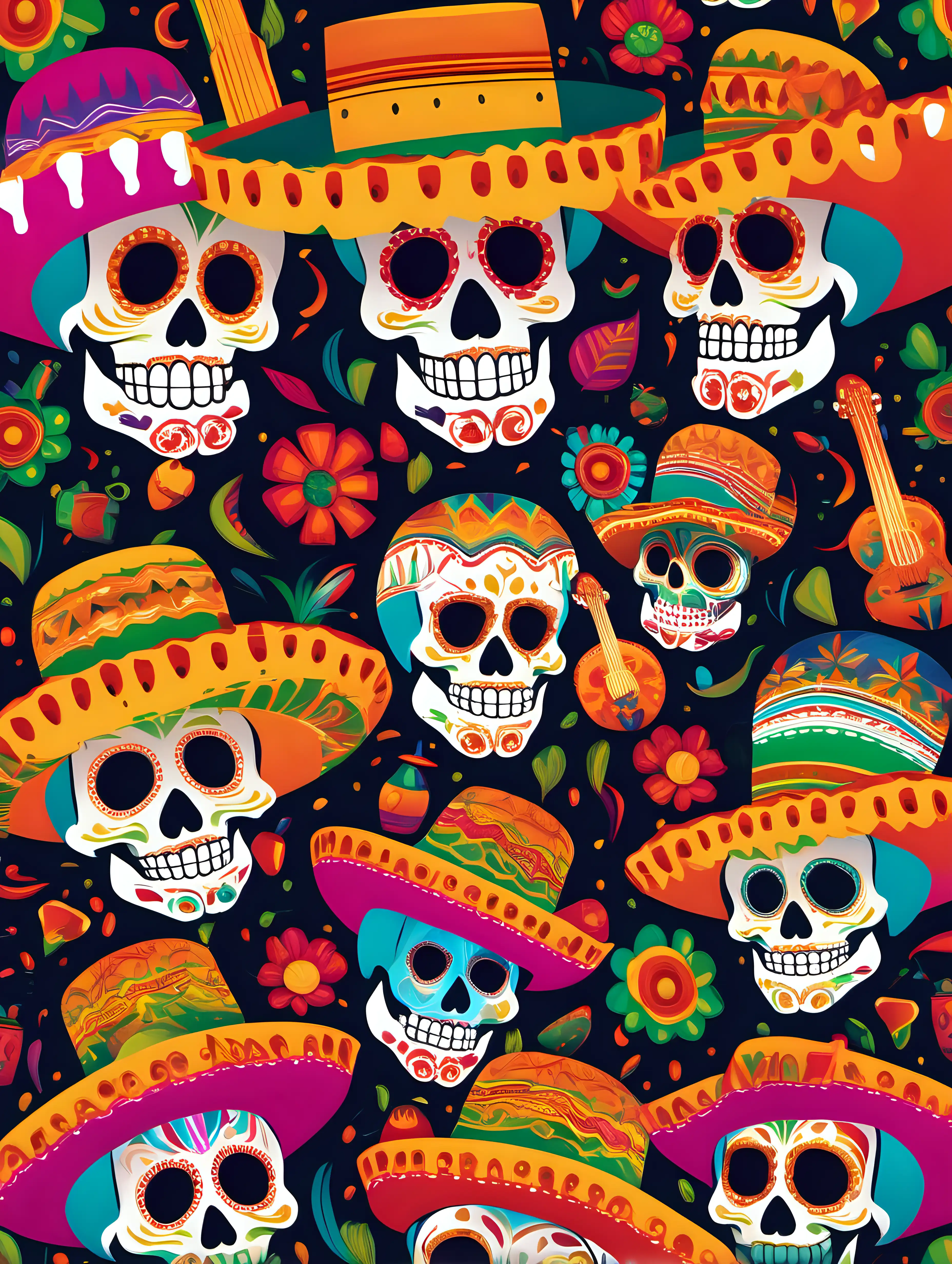 Cinco de Mayo-inspired skulls, presented in a vibrant and colorful style in a 16:9 aspect ratio