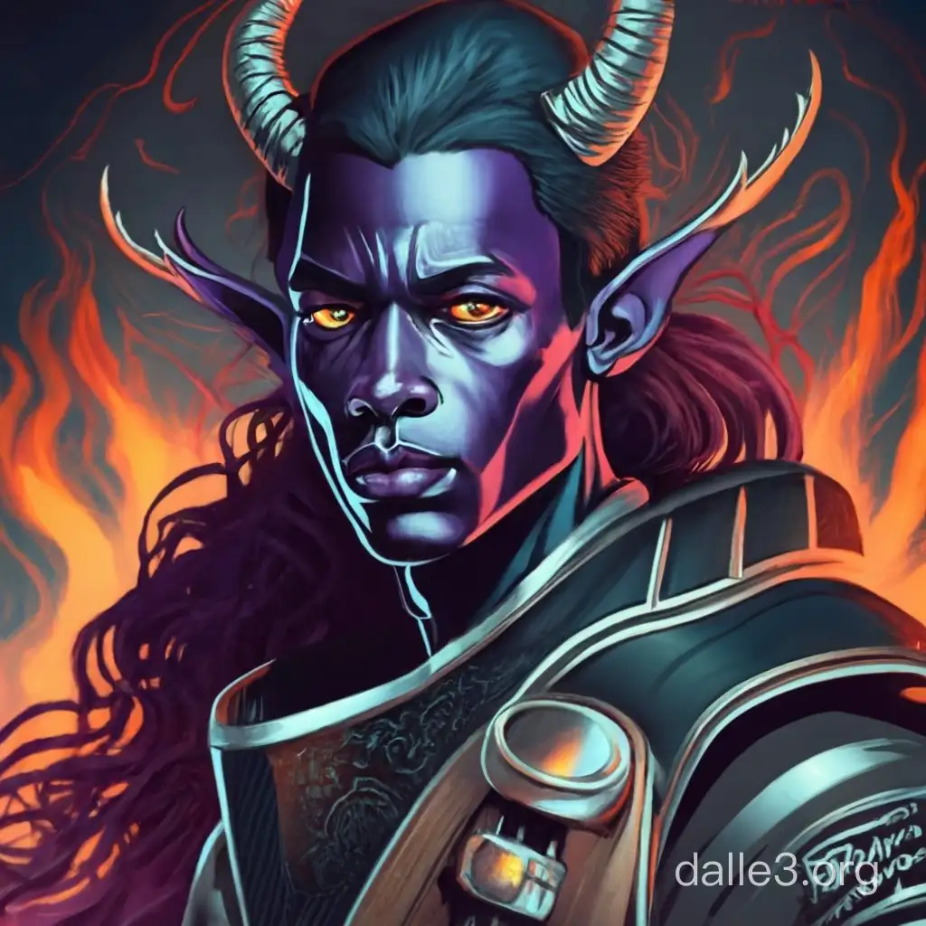 A masculine male Dungeons and Dragons 5th edition fallen aasimar that has the appearance of a tiefling with dark purple skin and horns