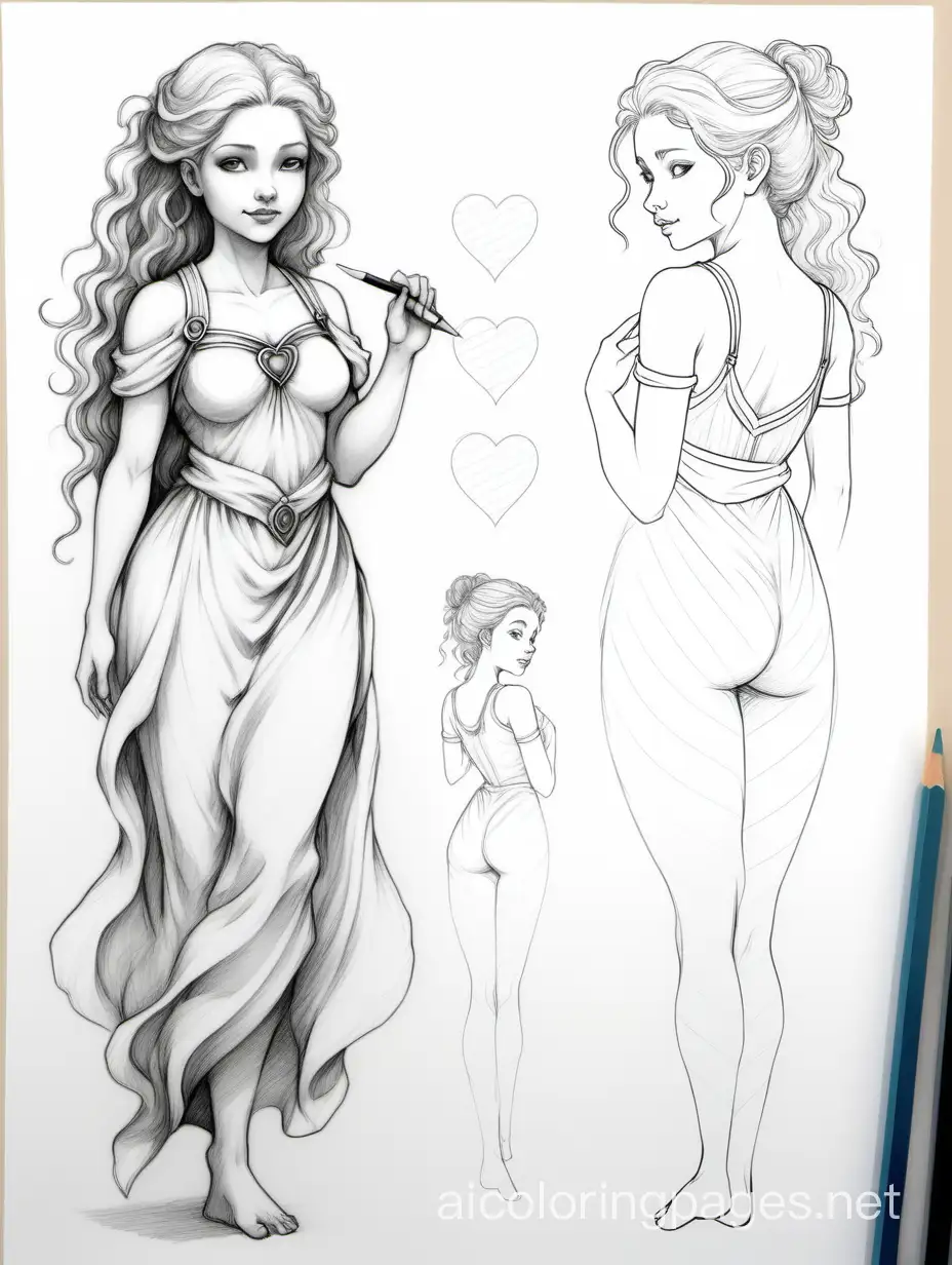 SOFT LIGHT HEART AND LINED PAPER, SKETCH, SKETCHY PENCIL DRAWINGS, WATERCOLOR, CHARACTER STUDY, HAIR UP AND DOWN, MULTIPLE POSES, FULL BODY, HALF BODY, QUARTER BODY, ARMS IN POSES, GODDESS alemona, ANNOTATIONS, Coloring Page, black and white, line art, white background, Simplicity, Ample White Space. The background of the coloring page is plain white to make it easy for young children to color within the lines. The outlines of all the subjects are easy to distinguish, making it simple for kids to color without too much difficulty