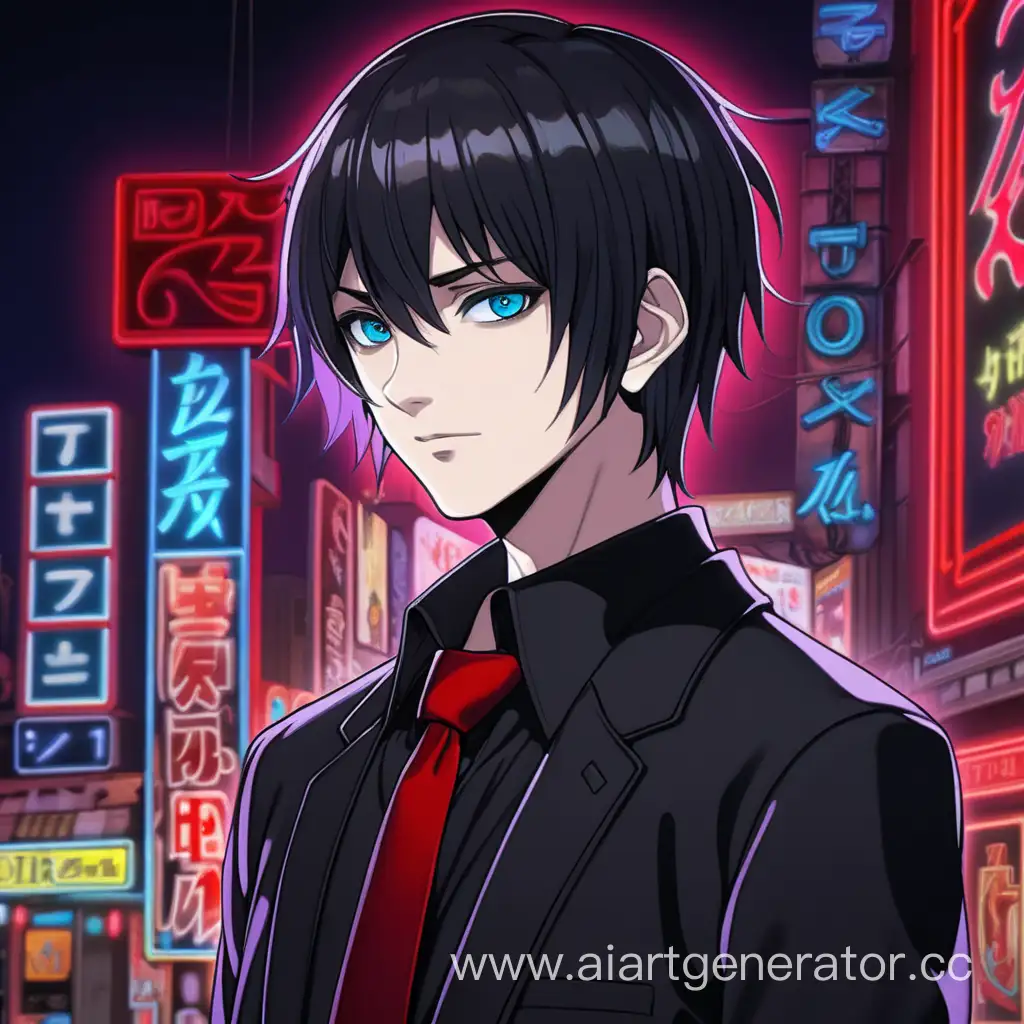 парень в стиле готическом аниме стиле, с черными короткими волосами стрижкой шторы с прямым пробором, голубыми глазами без очков в черной рубашке с красным галстуком 
сзади персонажа неоновые вывески