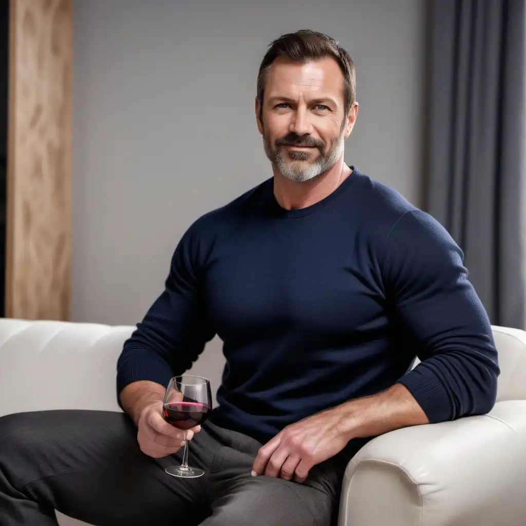 A handsome 42 year old British lumberjack man with a thick torso and bulky muscular arms. He is wearing a business casual attire with a fitted cashmere dark blue sweater and grey pants. Hazel eyes. His face is clean shaven, no facial hair. He has a full set of brown hair on his head. He has a subtle smile. He is in a luxury living room that has a fireplace, he is sitting on a white couch holding a glass of wine.