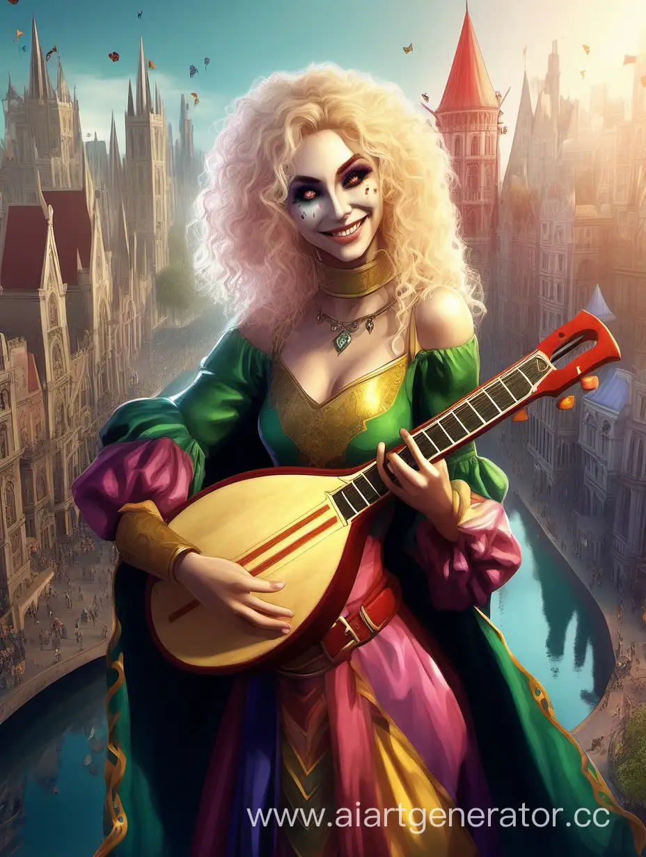 elf woman, black eyes, smiling widely, blond curly hair, bright clothes of a jester, holding a lute, behind a fantasy city