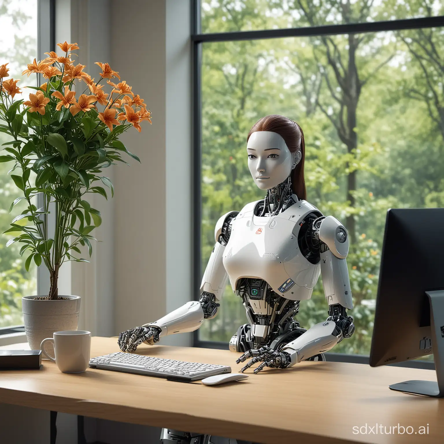 The female robot has a Huawei log emblazoned on it,is staring intently at the monitor in front of it, side view，which shows a code editor, alongside a laptop and some files.  In addition, there is a cup of coffee and a potted plant  and a  bouquet of flowers on the desk, elements that add a touch of life to the scene and make the robot's image seem more humanized. In the background, a large window brings plenty of light into the room, and the trees outside the window are faintly visible, adding a touch of nature to the whole scene. The layout of the whole office is simple and modern, full of futuristic feeling, but also reveals a cozy and peaceful atmosphere