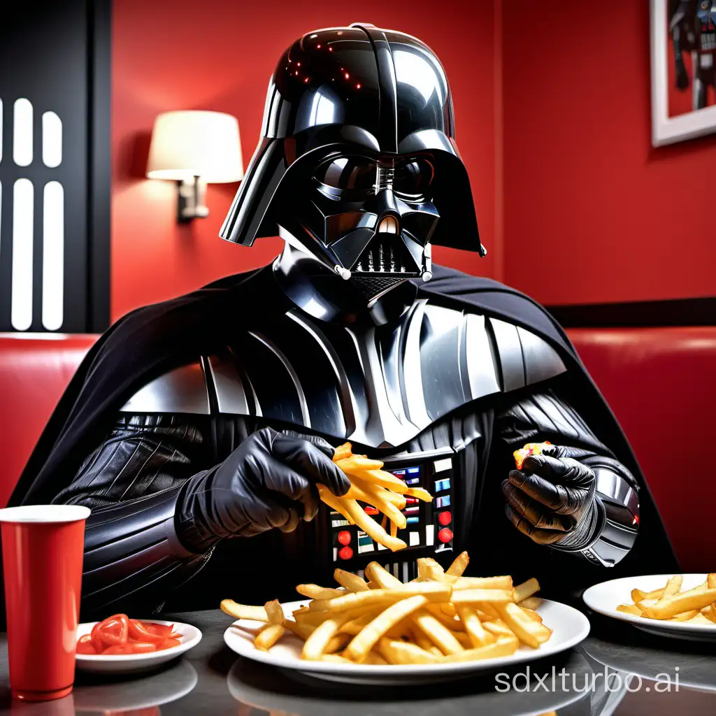 photo of Darth Vader eating fries in a dinner