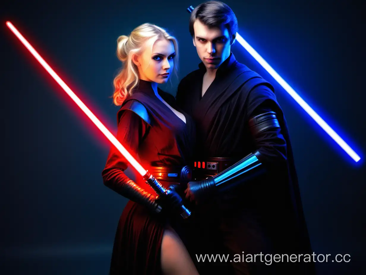 blond female Sith with red light saber, brunette male Jedi knight with blue lightsaber, love, couple
