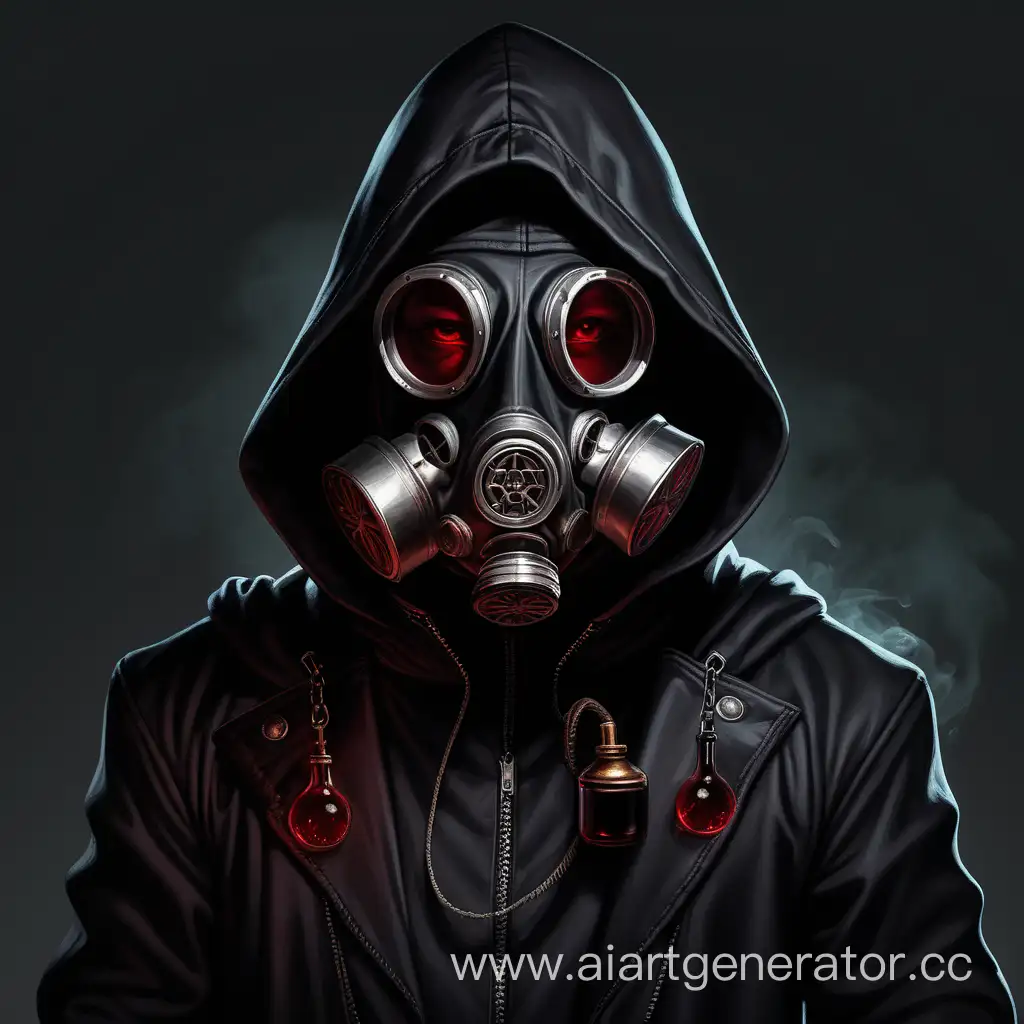 Medieval-Alchemist-in-Black-Hooded-Jacket-with-Dark-Red-Gas-Mask