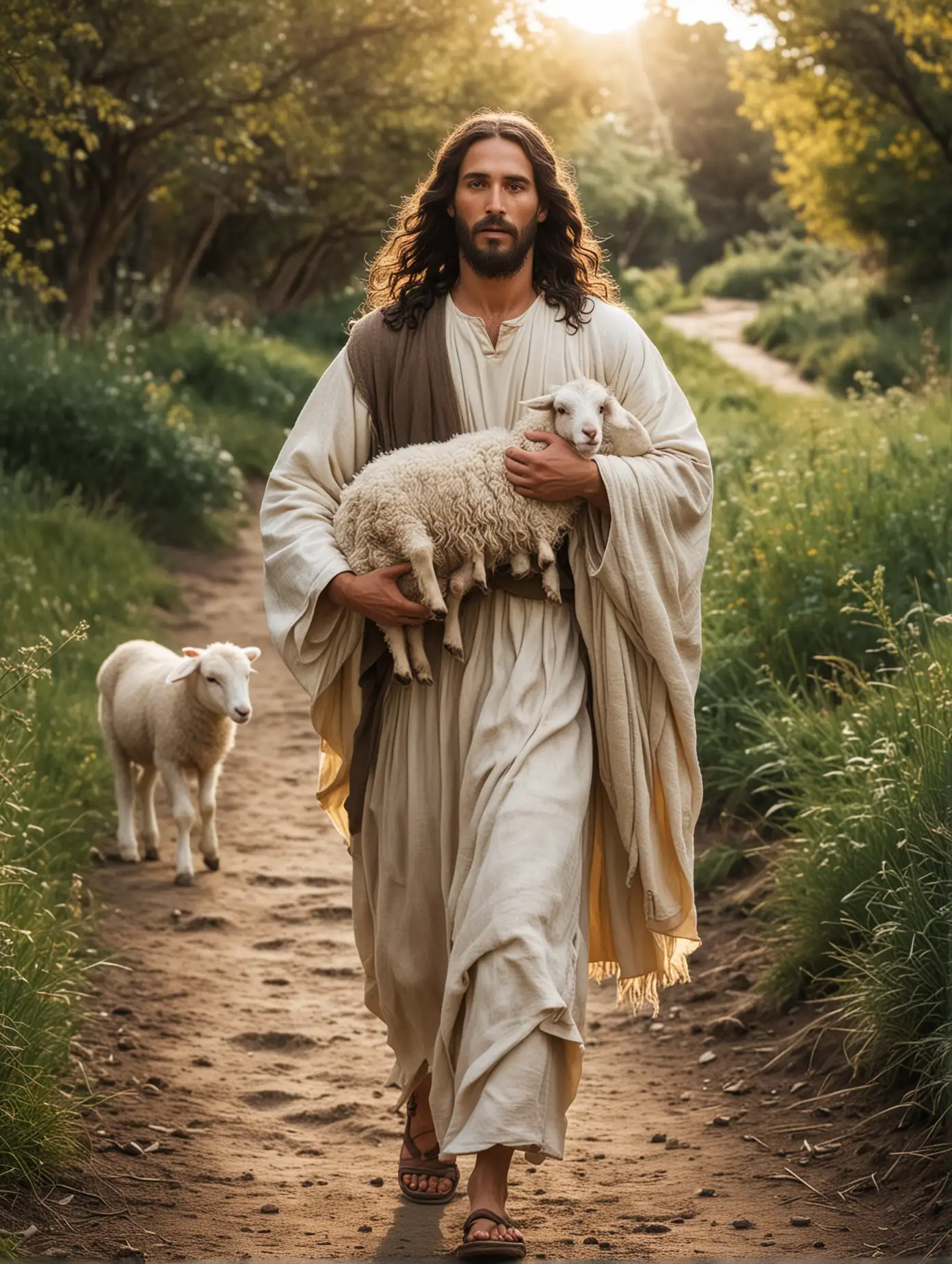 Divine Savior Jesus Walking Path Carrying Lamb