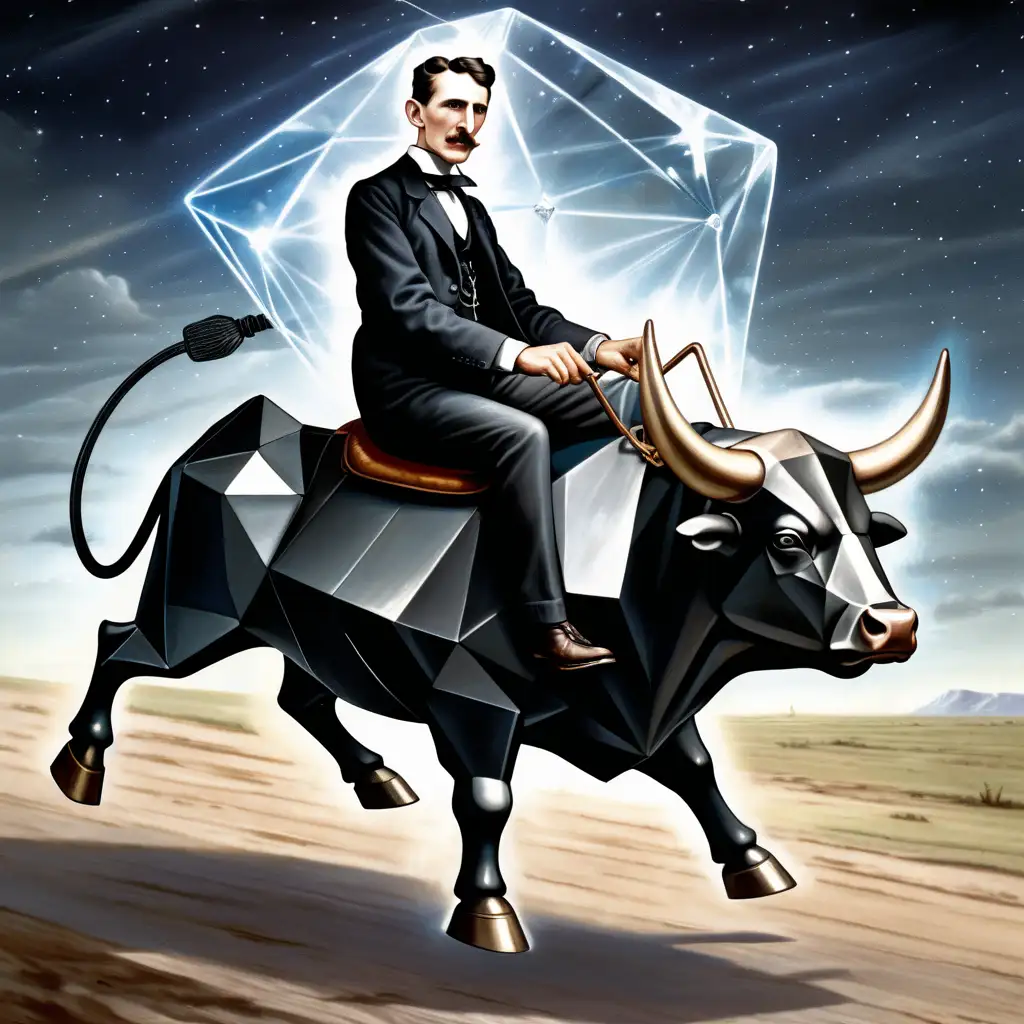 Nikola Tesla riding a diamond bull