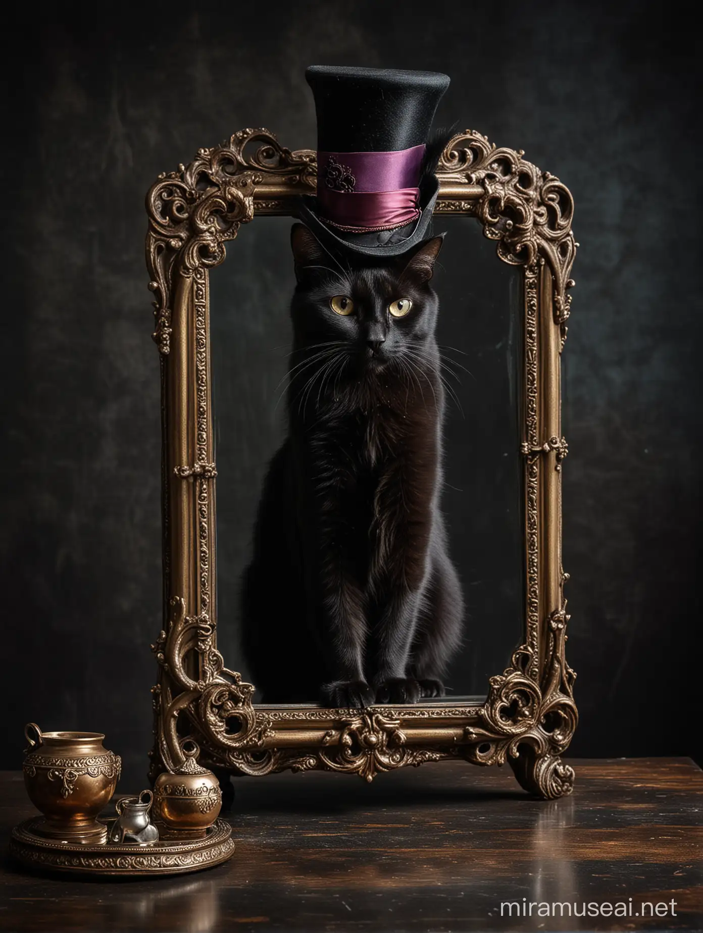 A studio portrait of  a black cat on a glass table, with a dark background. The cat is looking into an ornate mirror, contemplating entry into a parallel universe through the mirror which happens to be on the theme of Alice in Wonderland, specifically the Mad Hatters tea party. There must be props that indicate the mad hatters tea party. Hats and teacups etc....all very steampunk in style. 


