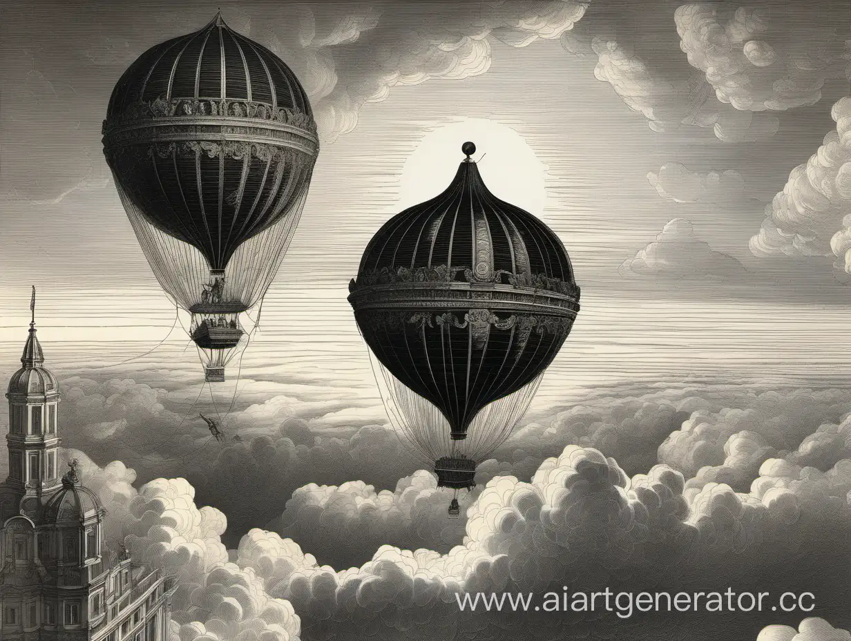 Black and White etching showing a Baroque onion-shaped giant balloon above the clouds at sunset