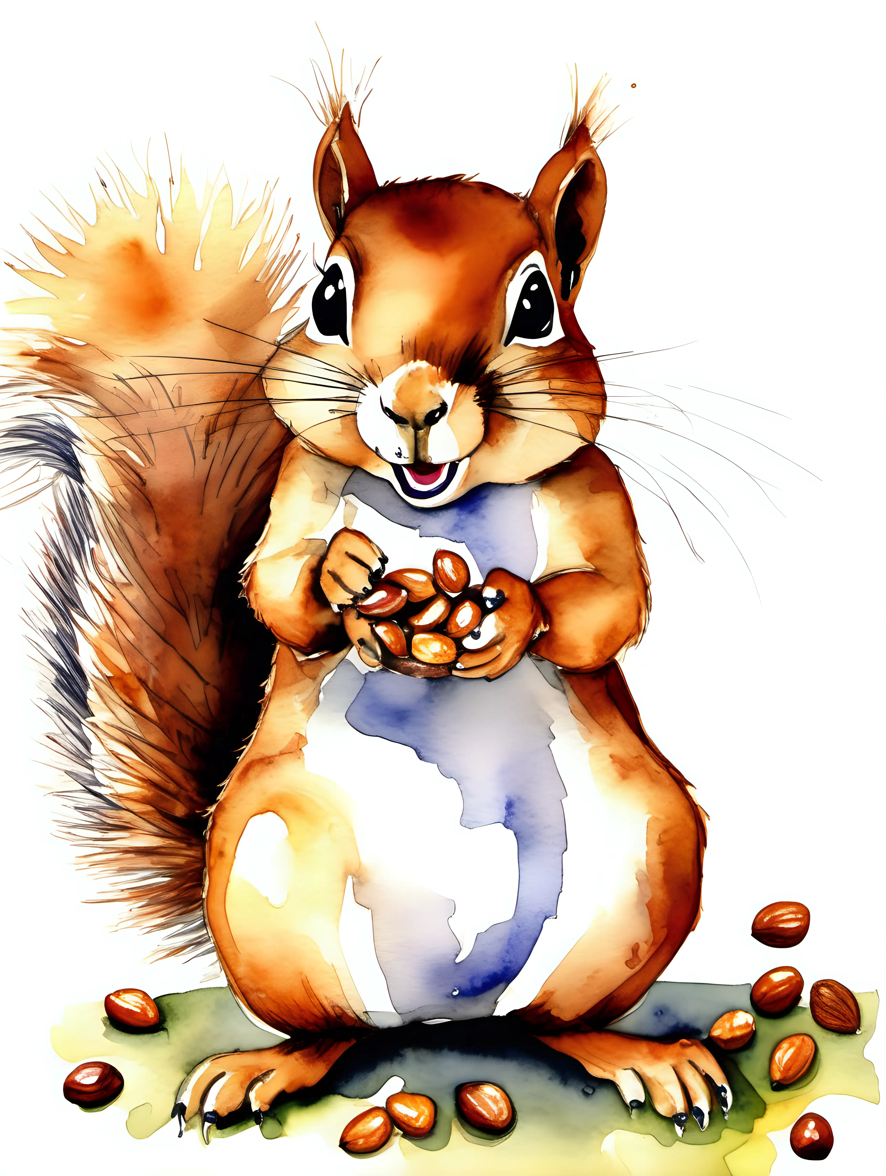 Adorable Watercolor Illustration of a Plump Squirrel with Cheeks Full of Nuts