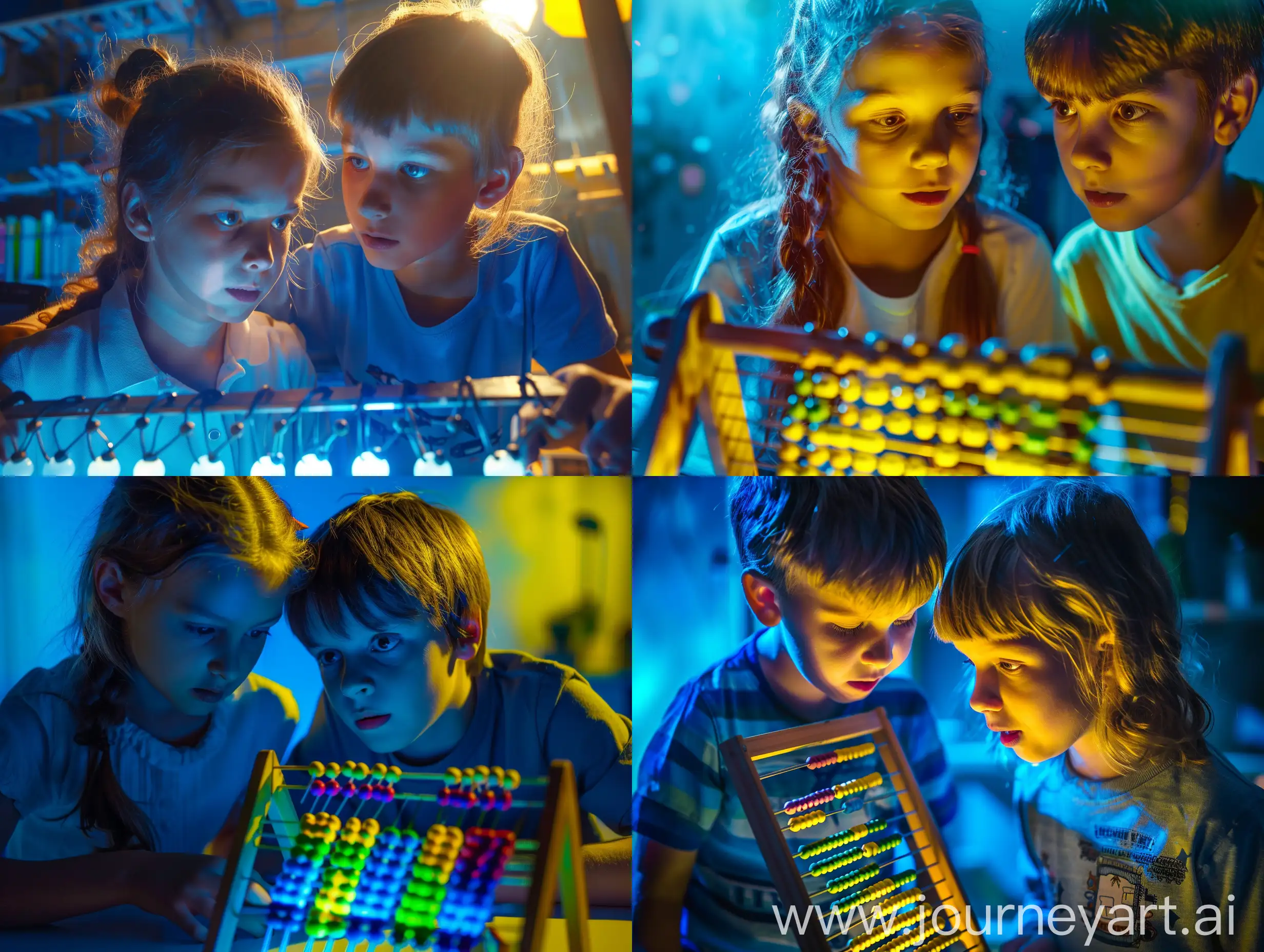 4kids at 8age, doing math with abacus, blue and yellowish cinematic light, detailes,
