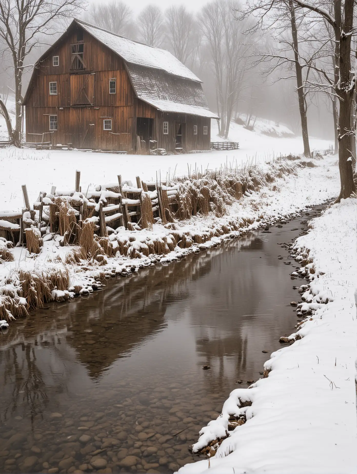 rustic wooden barn along a stream on a snowy foggy morning, deer in the water

