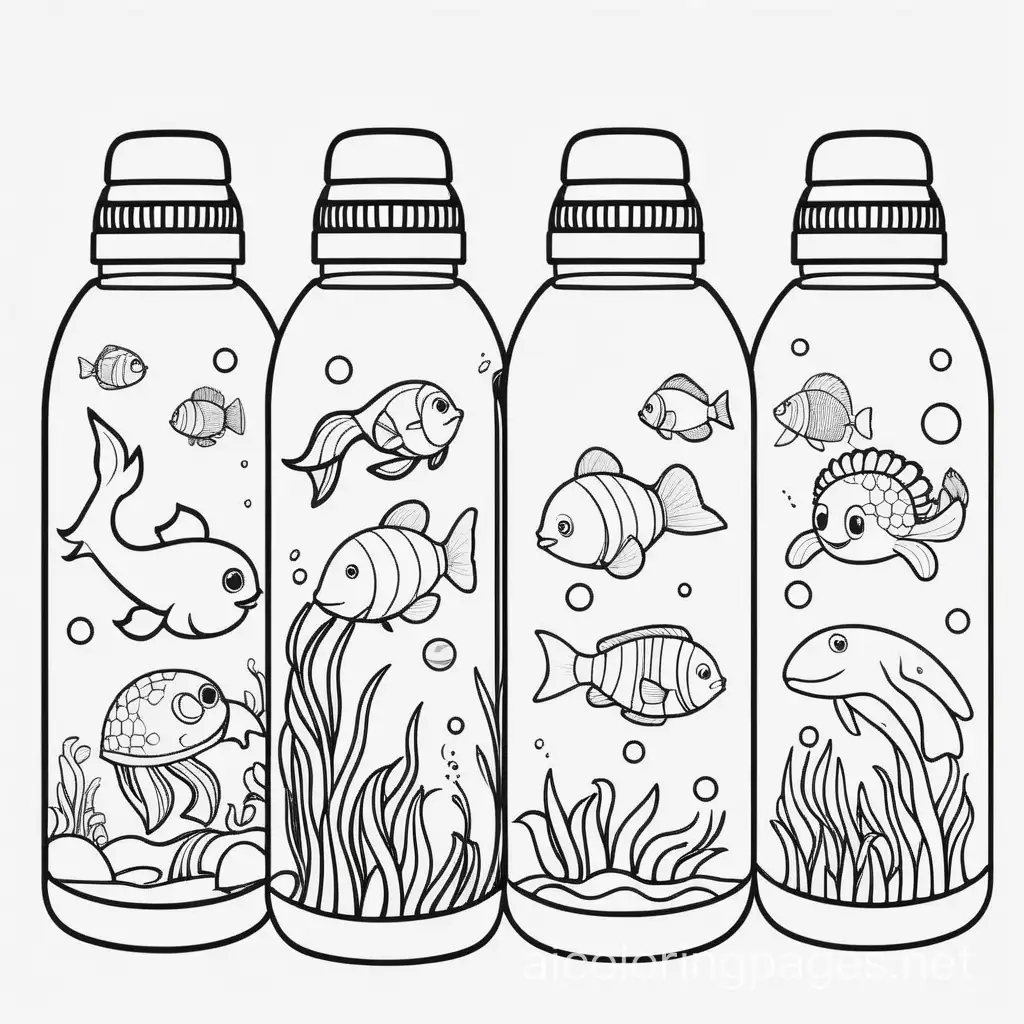 Water creatures water bottle, Coloring Page, black and white, line art, white background, Simplicity, Ample White Space. The background of the coloring page is plain white to make it easy for young children to color within the lines. The outlines of all the subjects are easy to distinguish, making it simple for kids to color without too much difficulty