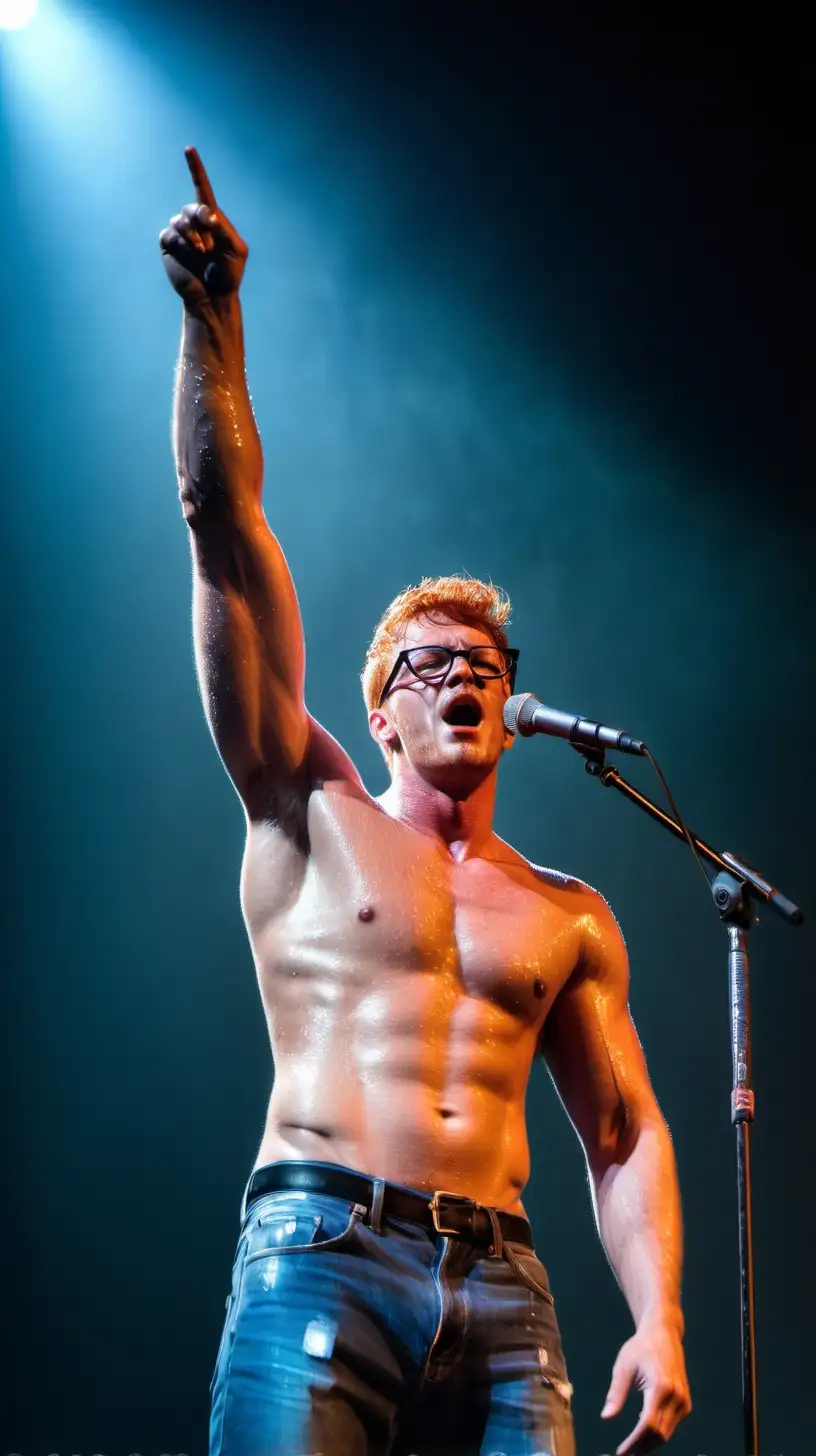 Redhead male singer, tanned, muscular, stubbles, hairy chest, short hair, glasses, very sweaty, very wet, exhausted, shirtless, blue jeans, spotlights, singing, mic stand, on stage