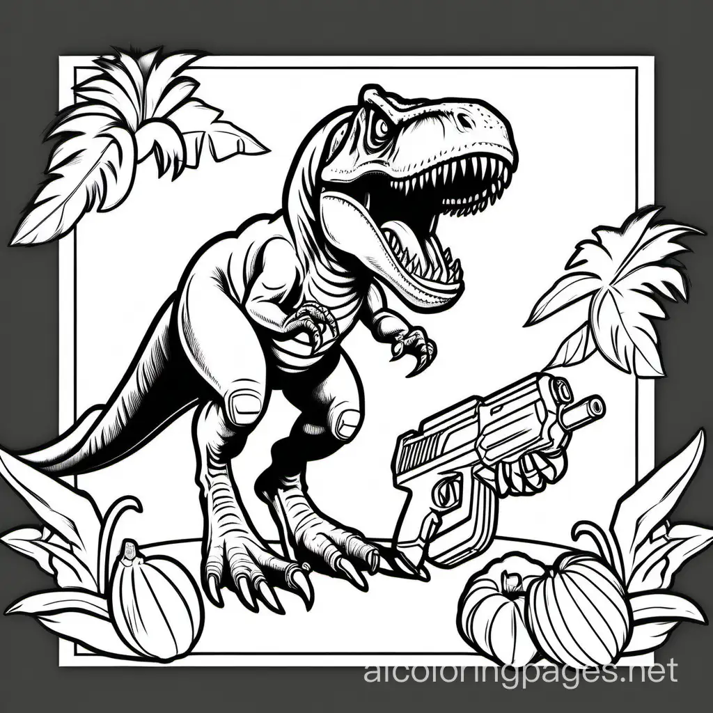 t rex holding a nerf gun and bananas, Coloring Page, black and white, line art, white background, Simplicity, Ample White Space. The background of the coloring page is plain white to make it easy for young children to color within the lines. The outlines of all the subjects are easy to distinguish, making it simple for kids to color without too much difficulty