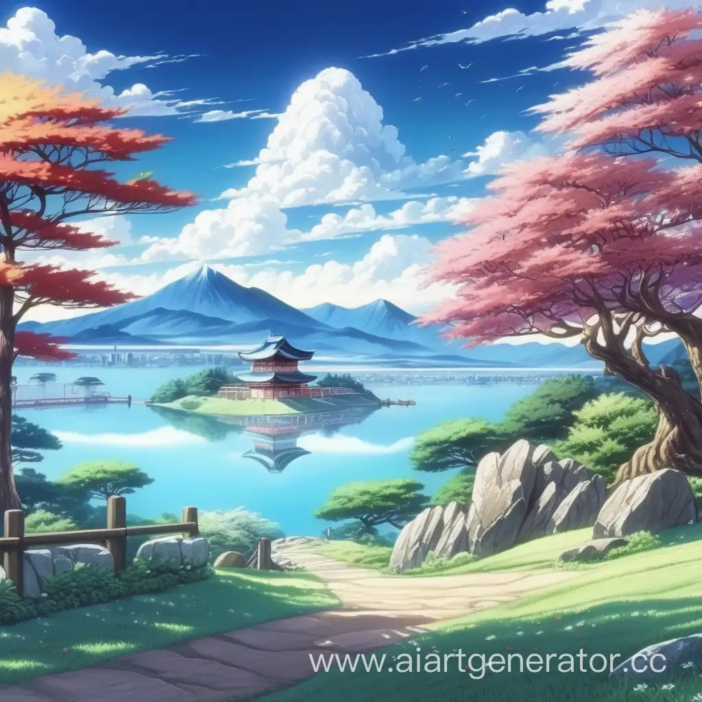 Vibrant-Animestyle-Landscape-with-Majestic-Mountains-and-Cherry-Blossoms