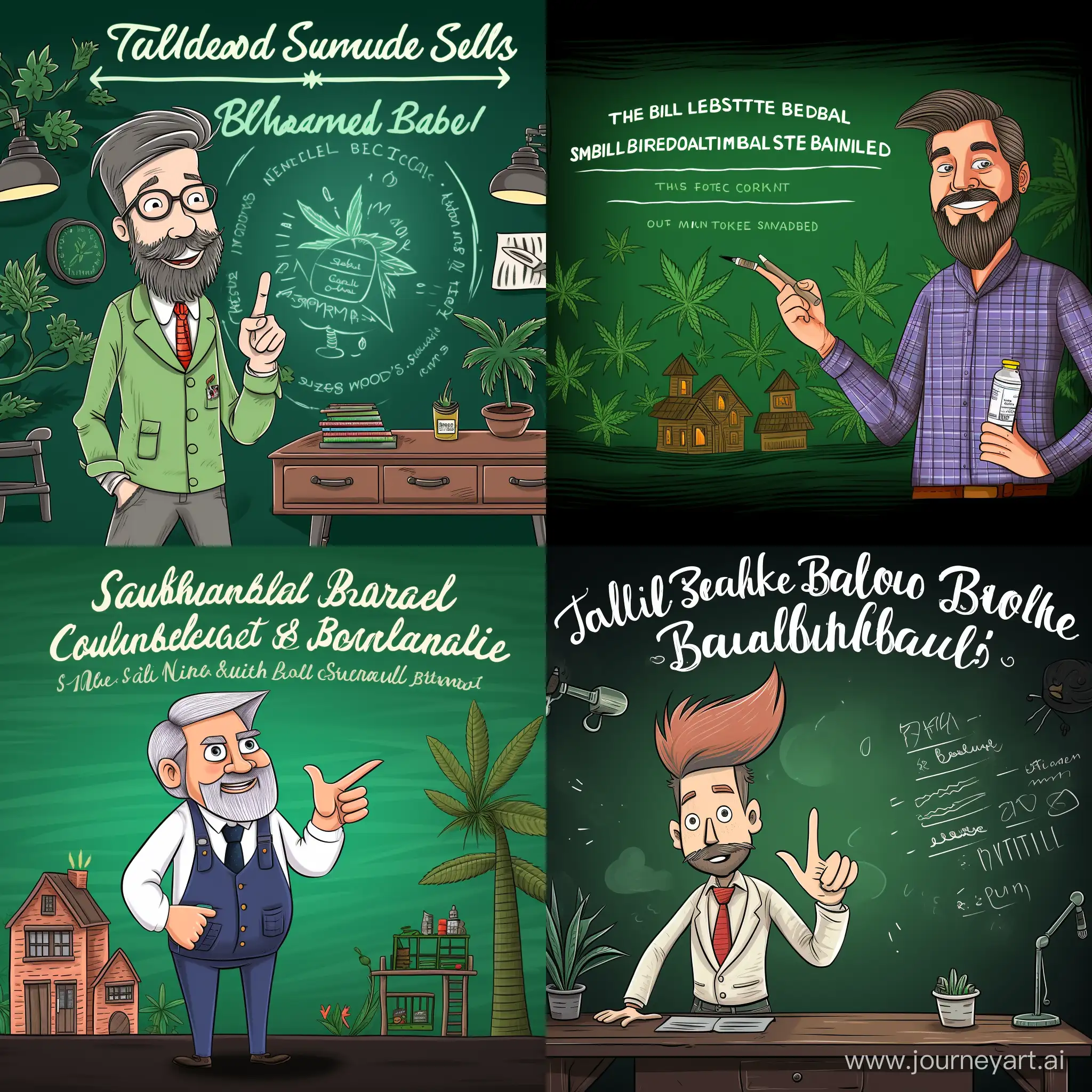 This illustration must depict a cartoon doctor in front of a chalkboard, showcasing cannabis-related information, ideal for promoting your medical-themed YouTube channel. friendly and inviting expression of the doctor and educational elements on the chalkboard, doctor pointing to a YouTube icon on the chalkboard, with the words "Subscribe" written on board too
