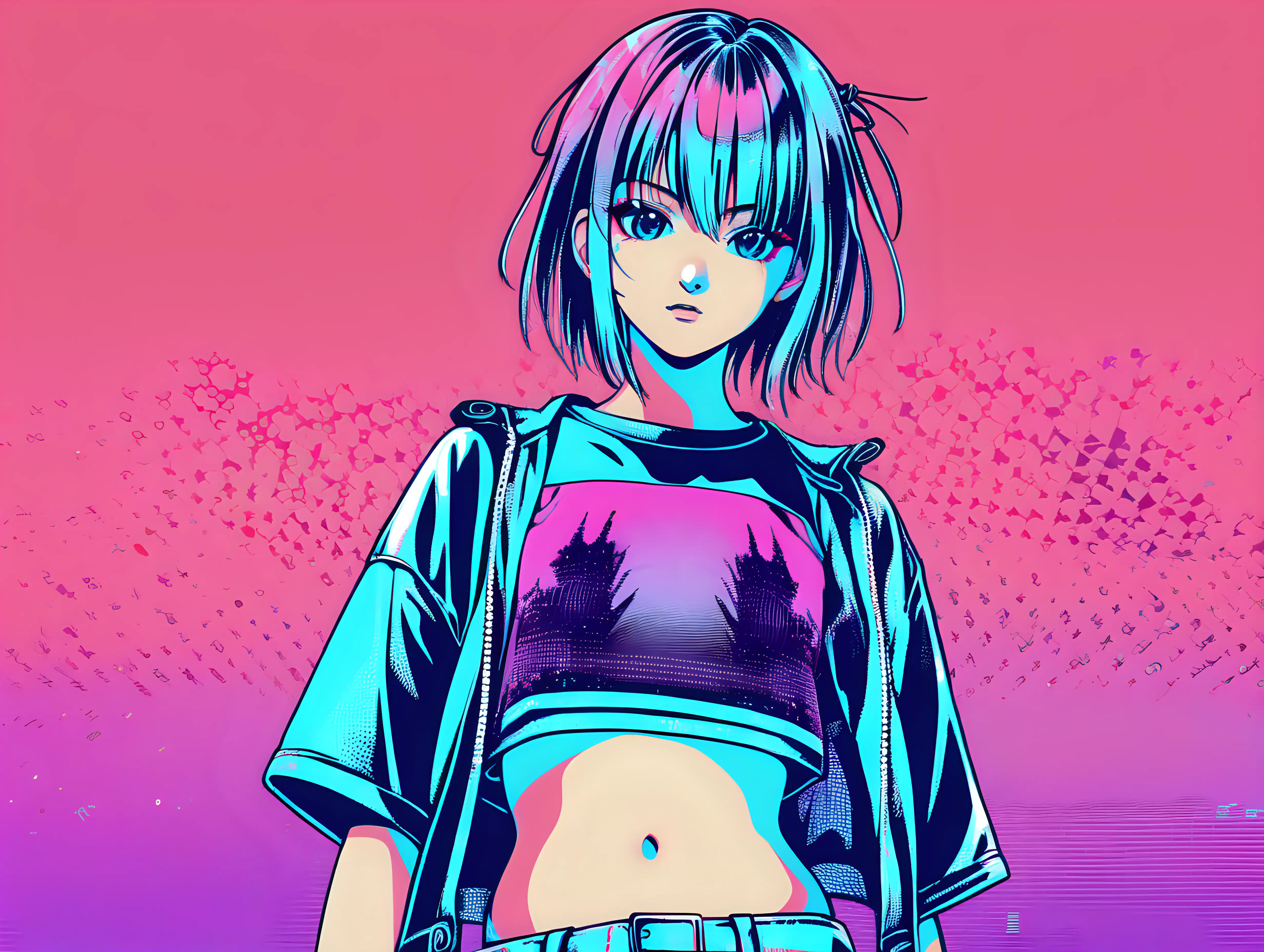 anime girl posterize halftone on glitch screen short shirt midriff cyber punk