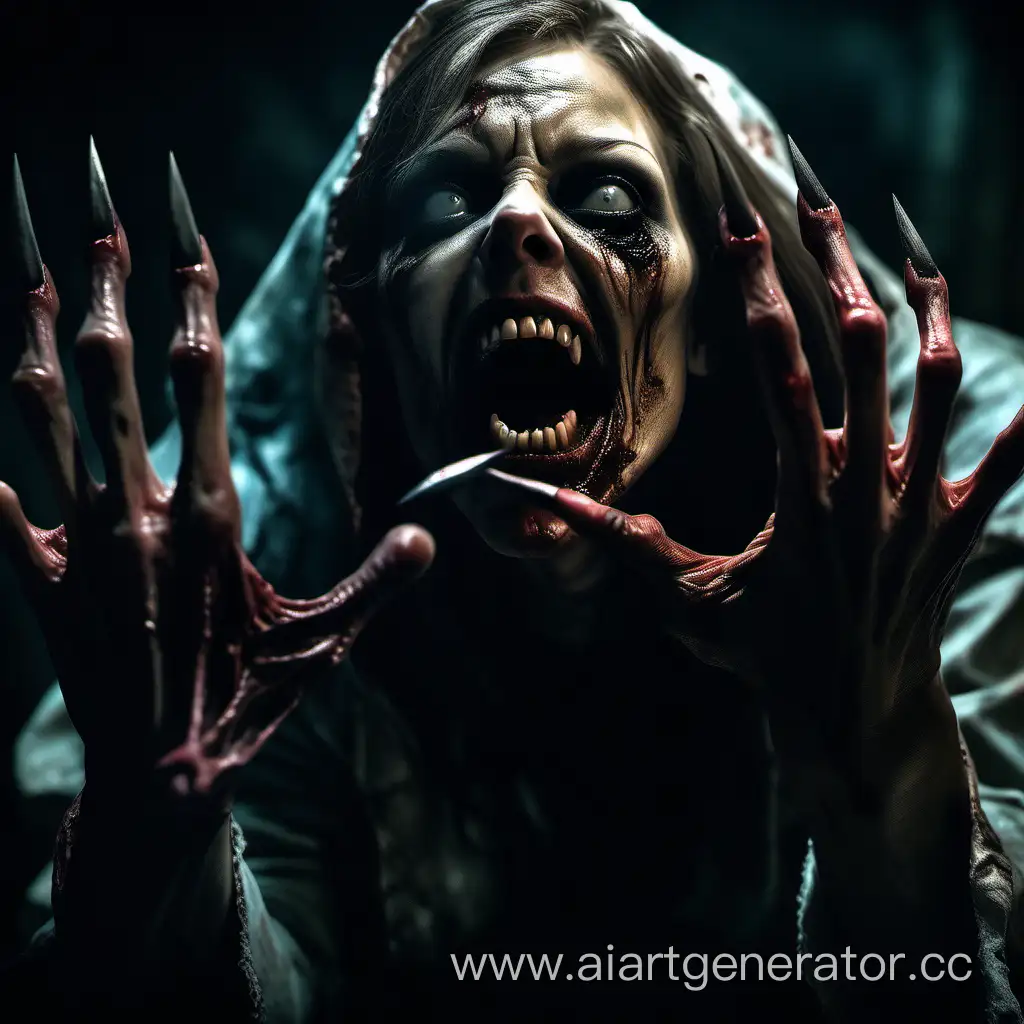 A horrifying nightmare scene of aggressive a  rotten zombie woman with long pointed nails like-claws on her five fingers two hands, her mouth is open with pointed teeth, she attacks you, scene inside old crypt, hyper-realism, cinematic, high detail, photo detailing, high quality, photorealistic, terrifying, aggressive, sharp teeth-fangs, dark atmosphere, realistic detailed, detailed nails, horror, atmospheric lighting, full anatomical, human hands, very clear without flaws with five fingers, dynamic pose.