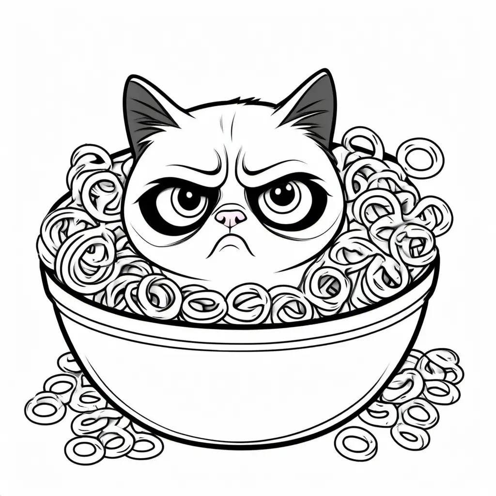 Grumpy cat inside a pasta bowl , Coloring Page, black and white, line art, white background, Simplicity, Ample White Space. The background of the coloring page is plain white to make it easy for young children to color within the lines. The outlines of all the subjects are easy to distinguish, making it simple for kids to color without too much difficulty