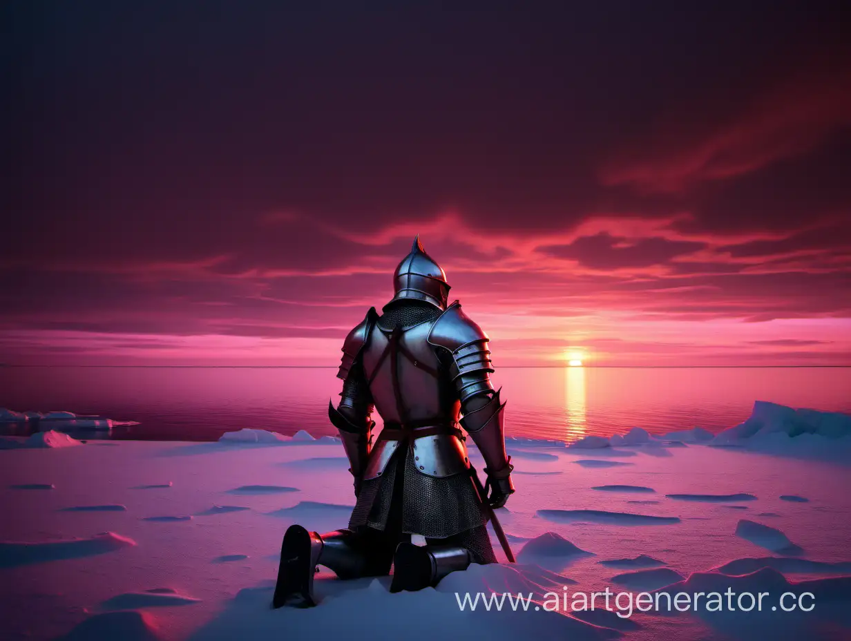 knight standing his knees desperately staring into the arctic burning pink sunset
