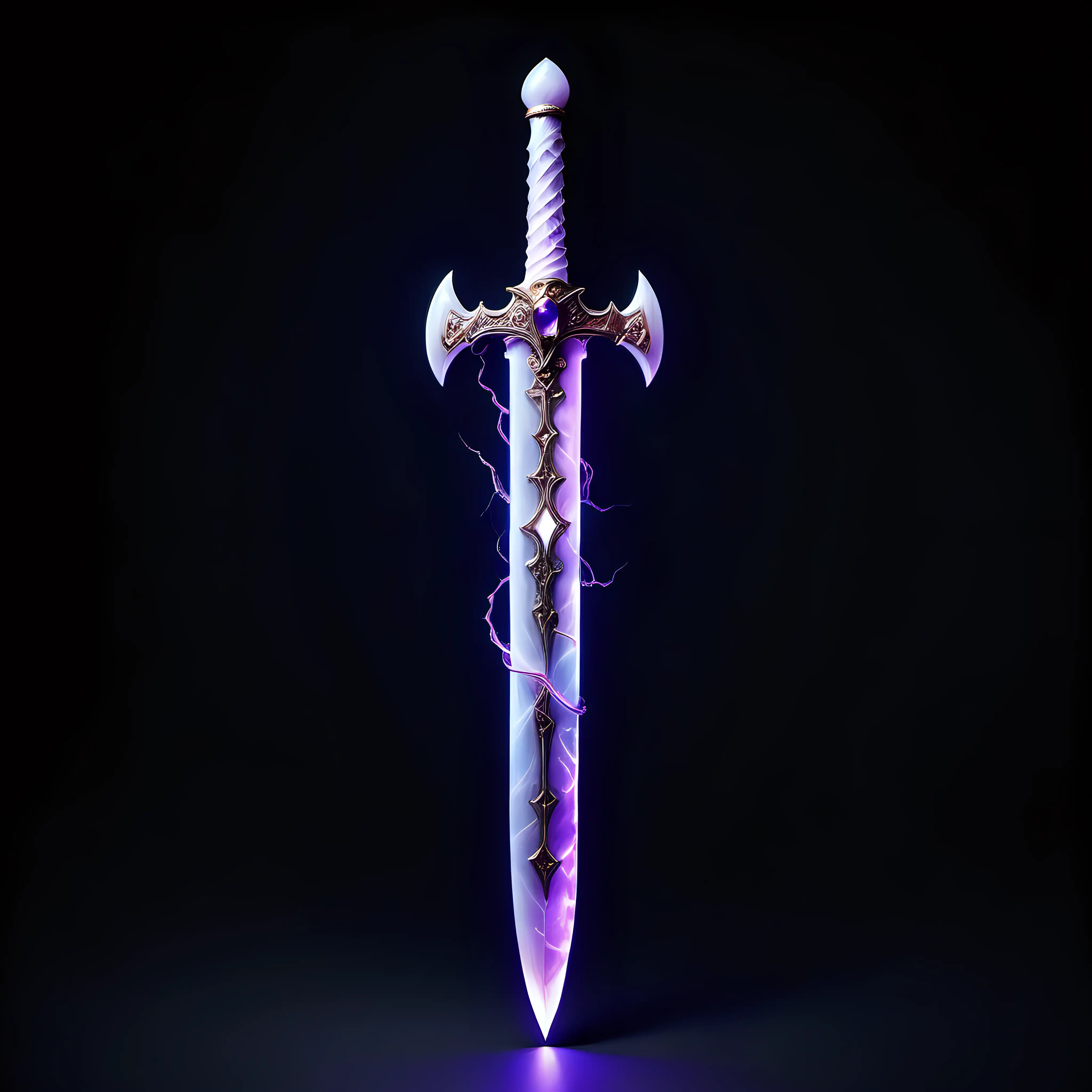 Luminous, glowing alabaster sword with mauve lightning along the shaft.  Intertwined mauve lightning and gems above the handle