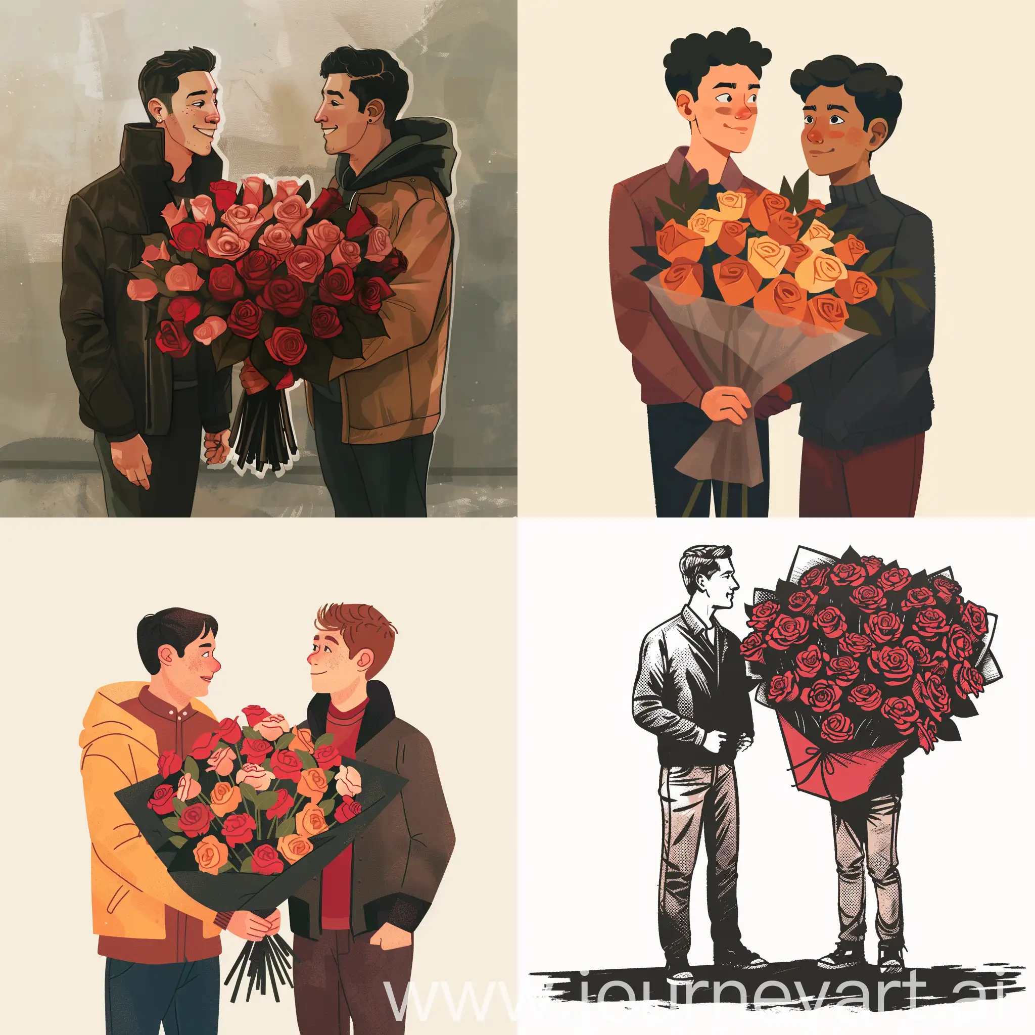 On Valentine's Day, there are two male lovers standing next to each other.  One person held a large bouquet of roses given to him by his male girlfriend.