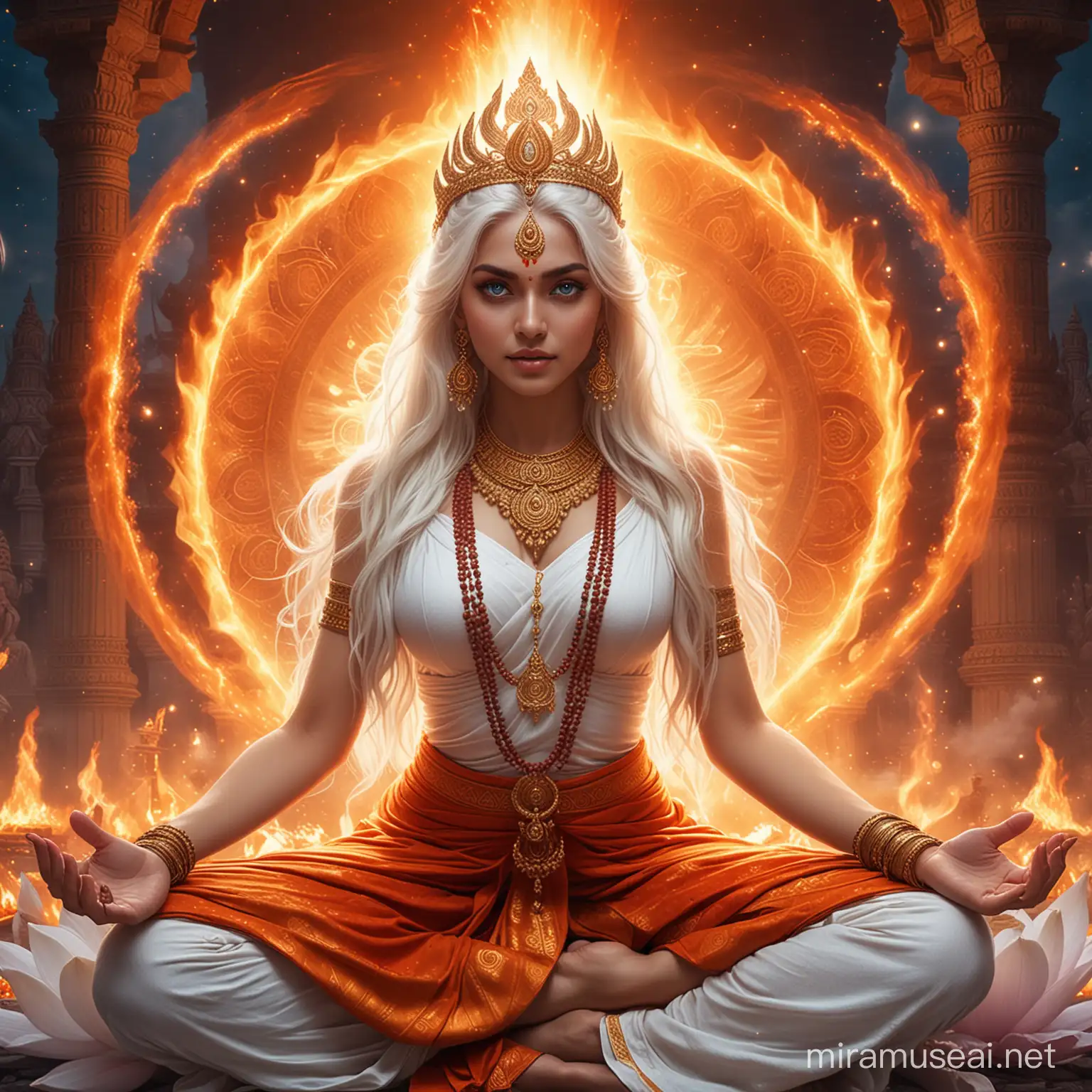 Empress Goddess Meditating in Lotus Position Amid Cosmic Energy and Flames