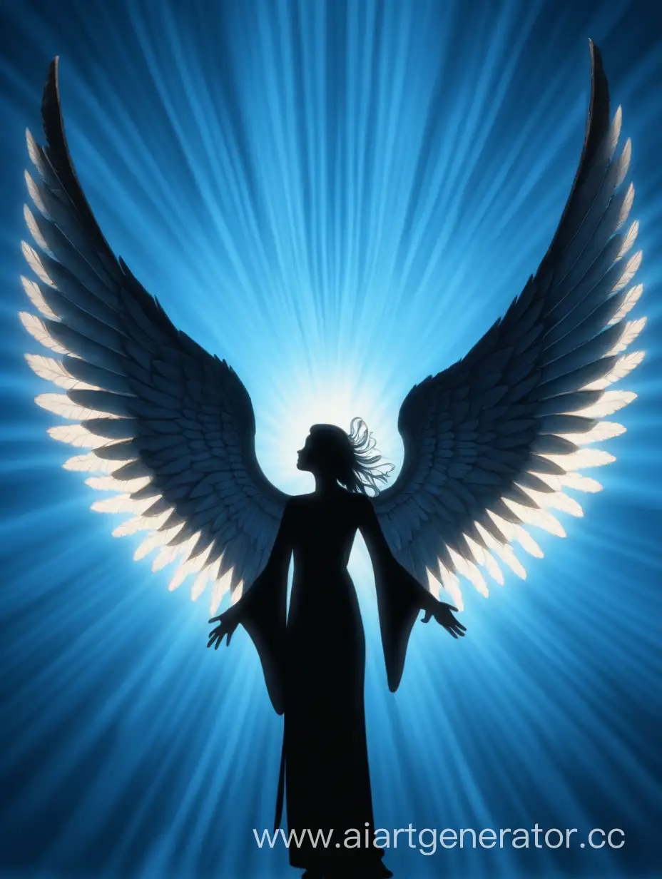 Крылья ангела силуета человека, на фоне голубого освещения из солнца