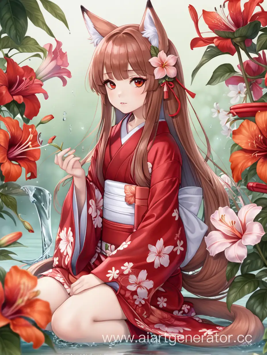 1girl, !holo, animal ears, bangs, blush, brown hair, camellia, daisy, feet out of frame, flower, fox ears, fox girl, fox tail, hair flower, hair ornament, hibiscus, kimono, lily \(flower\), long hair, long sleeves, looking at viewer, orange flower, plant, red eyes, red flower, red rose, sitting, solo, spider lily, tail, tail raised, vase, water, wolf girl, wolf tail