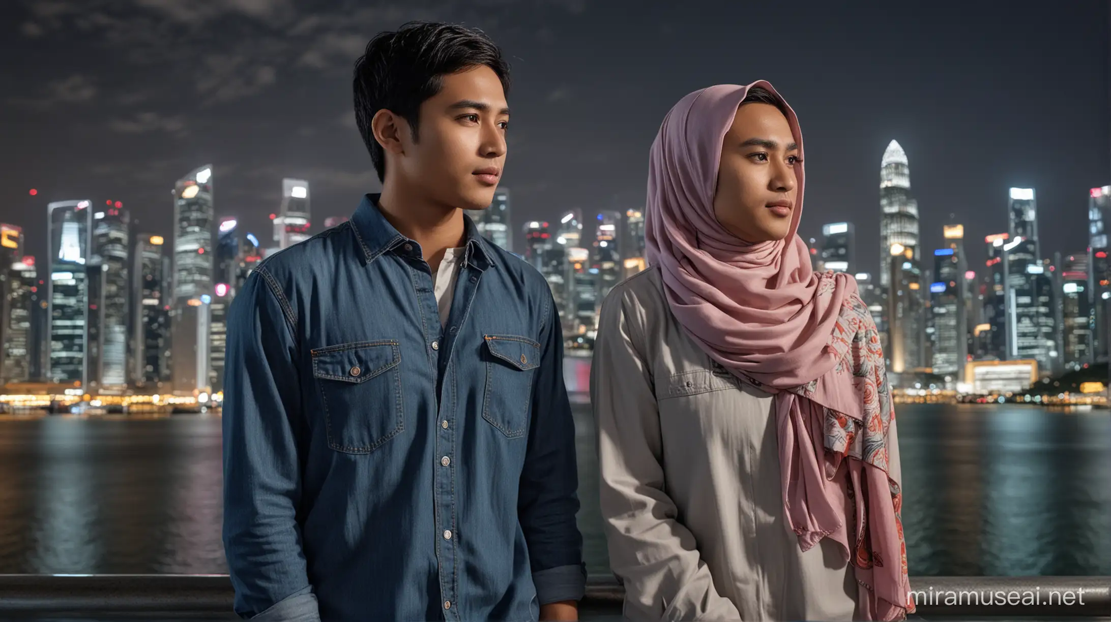 Asian Couple in Hijab and Casual Attire Standing under Singapore Night Skyline