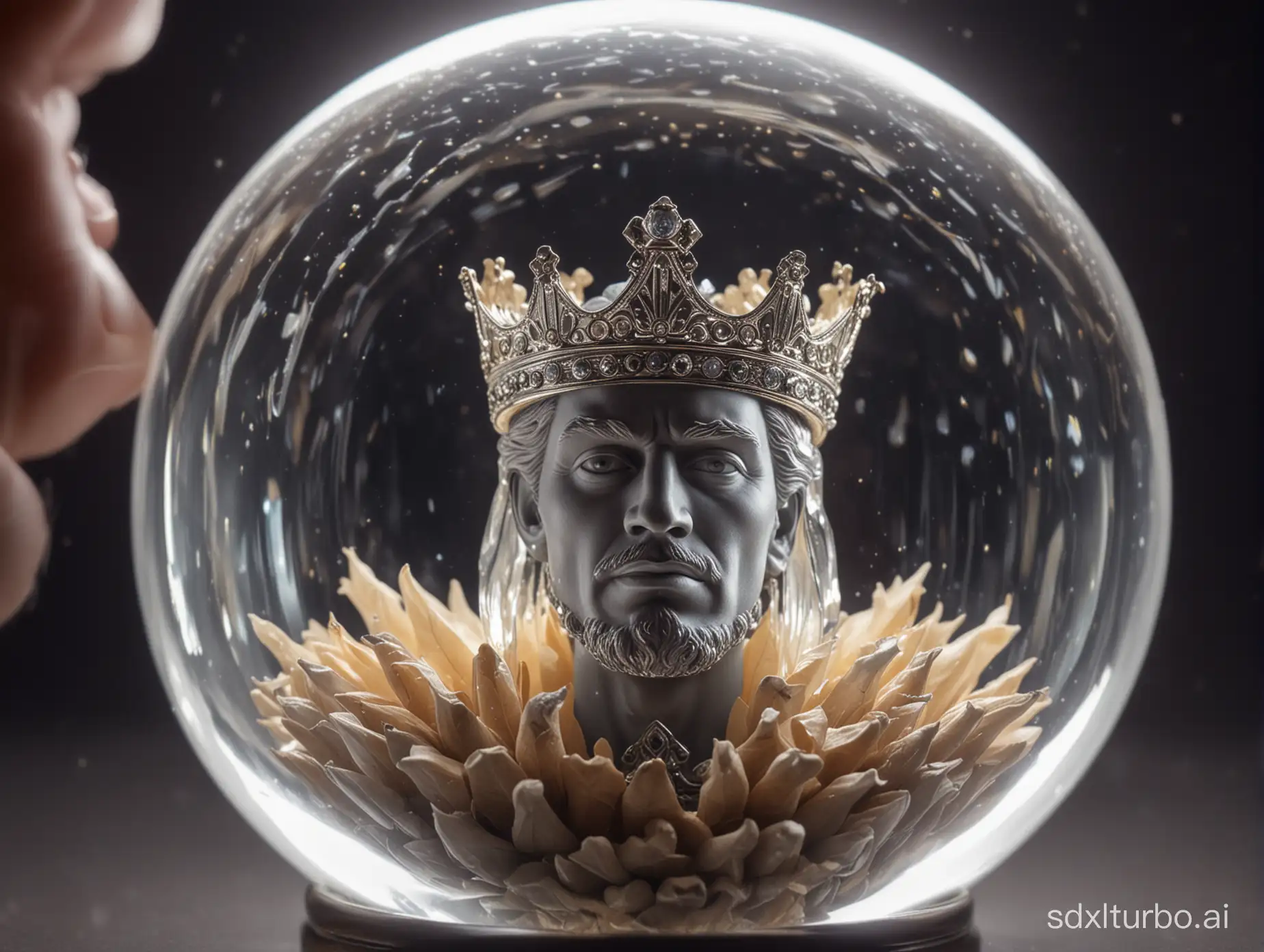 from a first person perspective looking into a chrystal ball showing the whishes of a customer depicted as a king
