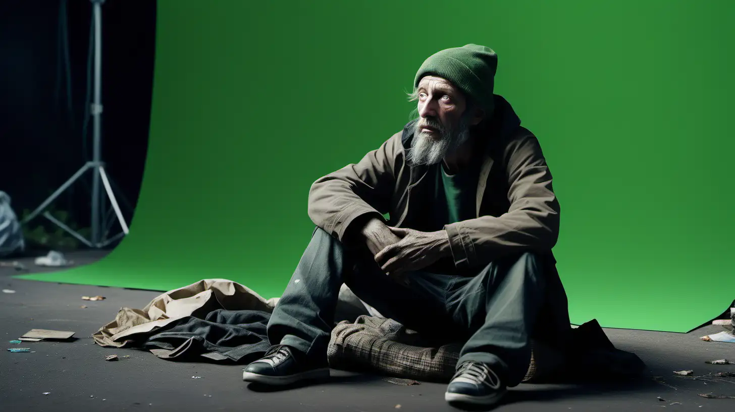 /imagine prompt: Realistic, Cinematic, personality: homeless man sitting on the ground with a green screen behind him] unreal engine, hyper real --q 2 --v 5.2 --ar 16:9
