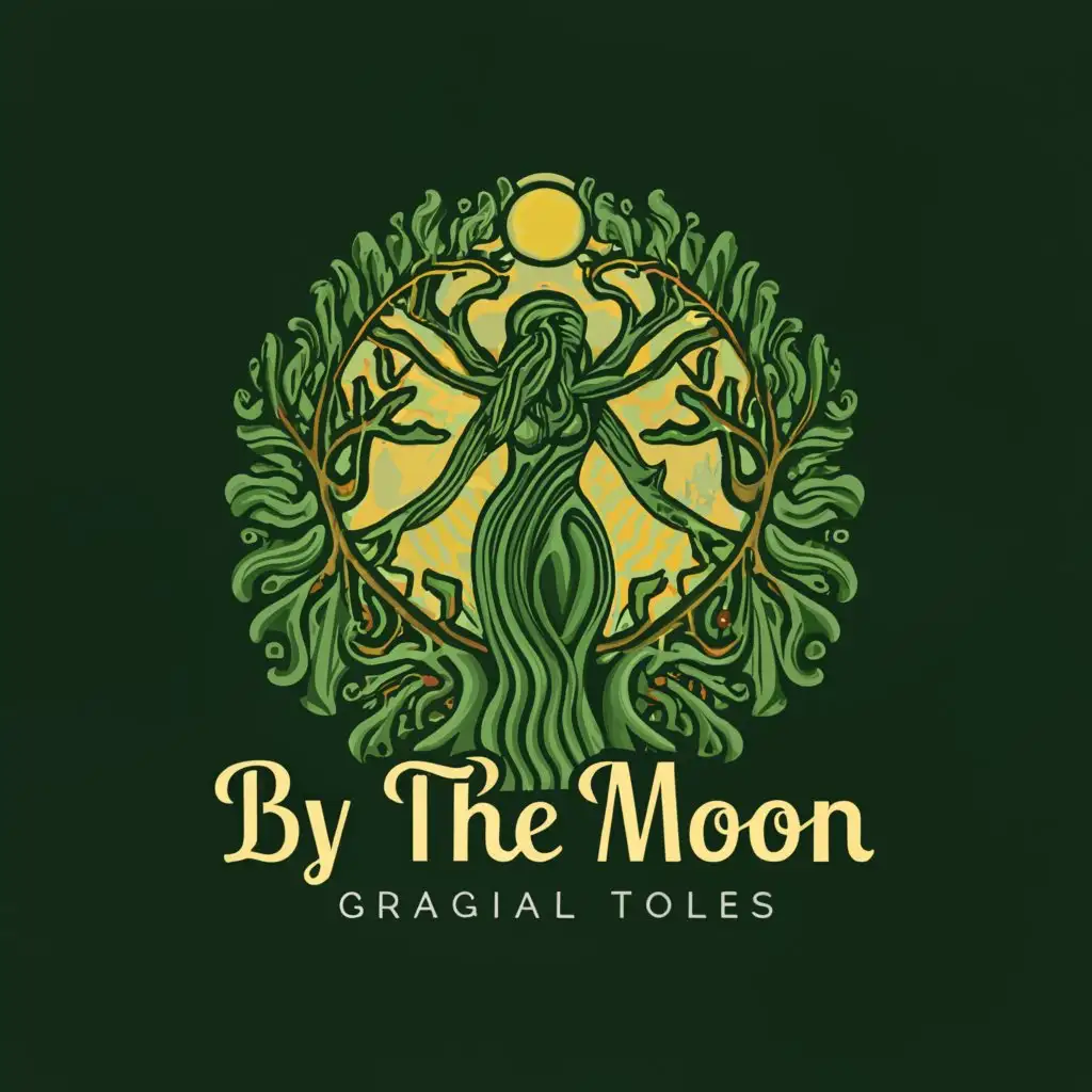 a logo design,with the text "By the Moon", main symbol:a tree of life woman with the phases of the moon and text says \"By the Moon\" in forest green batik colours with clear background,Moderate,clear background