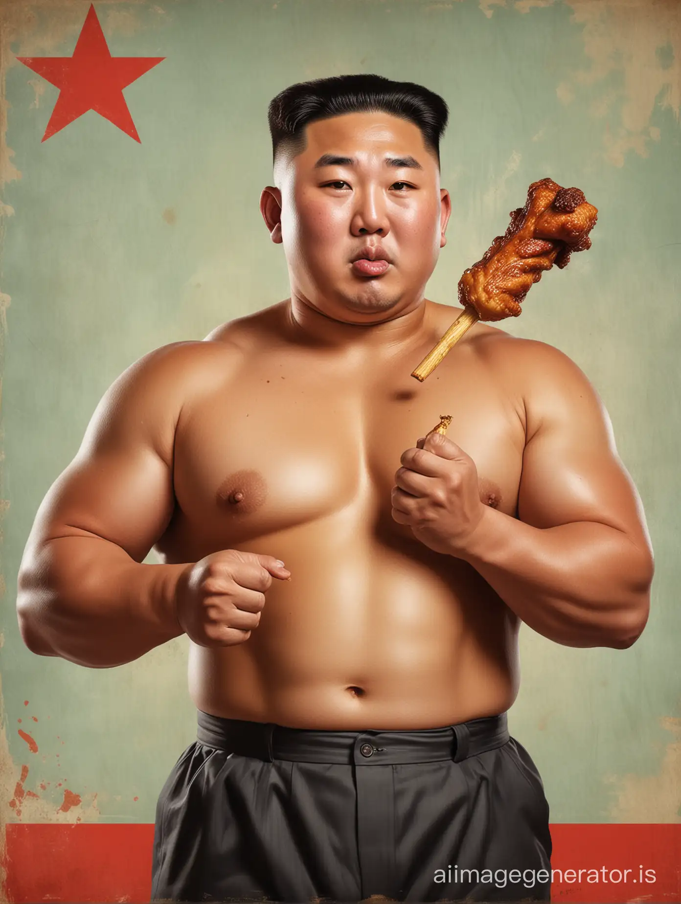 Portrait of Kim Jong-un as a muscly bodybuilder eating chicken drumsticks in the style of a vintage North Korean communist propaganda poster