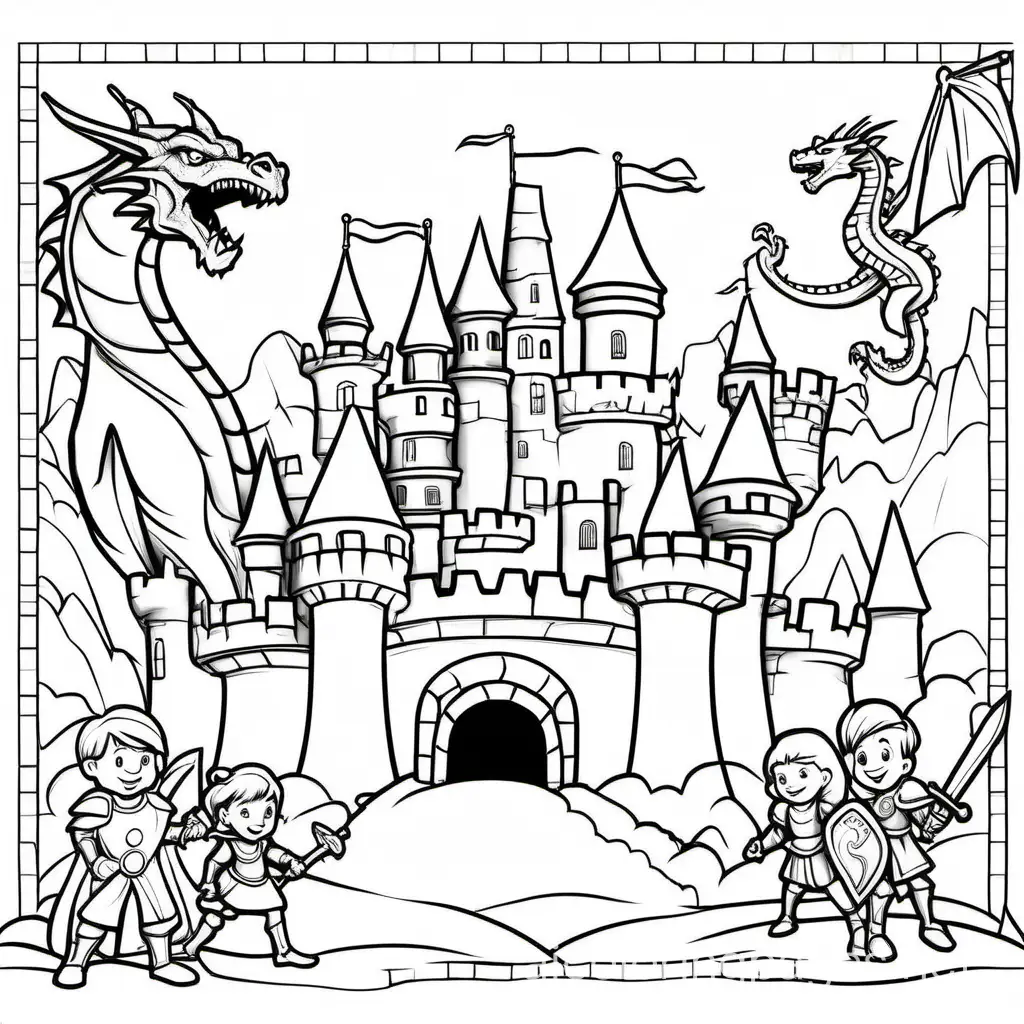 castle, dragon , princess, knight fighting a giant, A king and queen  for 5 year olds, simple
, Coloring Page, black and white, line art, white background, Simplicity, Ample White Space. The background of the coloring page is plain white to make it easy for young children to color within the lines. The outlines of all the subjects are easy to distinguish, making it simple for kids to color without too much difficulty