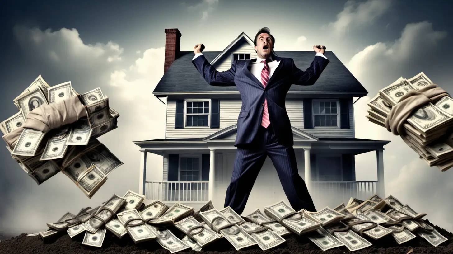 a giant wall street banker standing behind a home with his arms wrapped around the house pulling the house of out of the ground with the ground covered in money.
