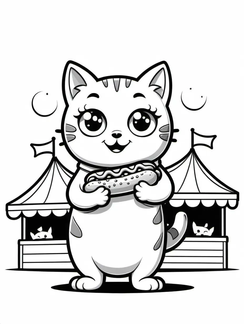 cute cat at a carnival, eating a hot dog, big cute eyes, pixar style, simple outline and shapes, coloring page black and white comic book flat vector, white background