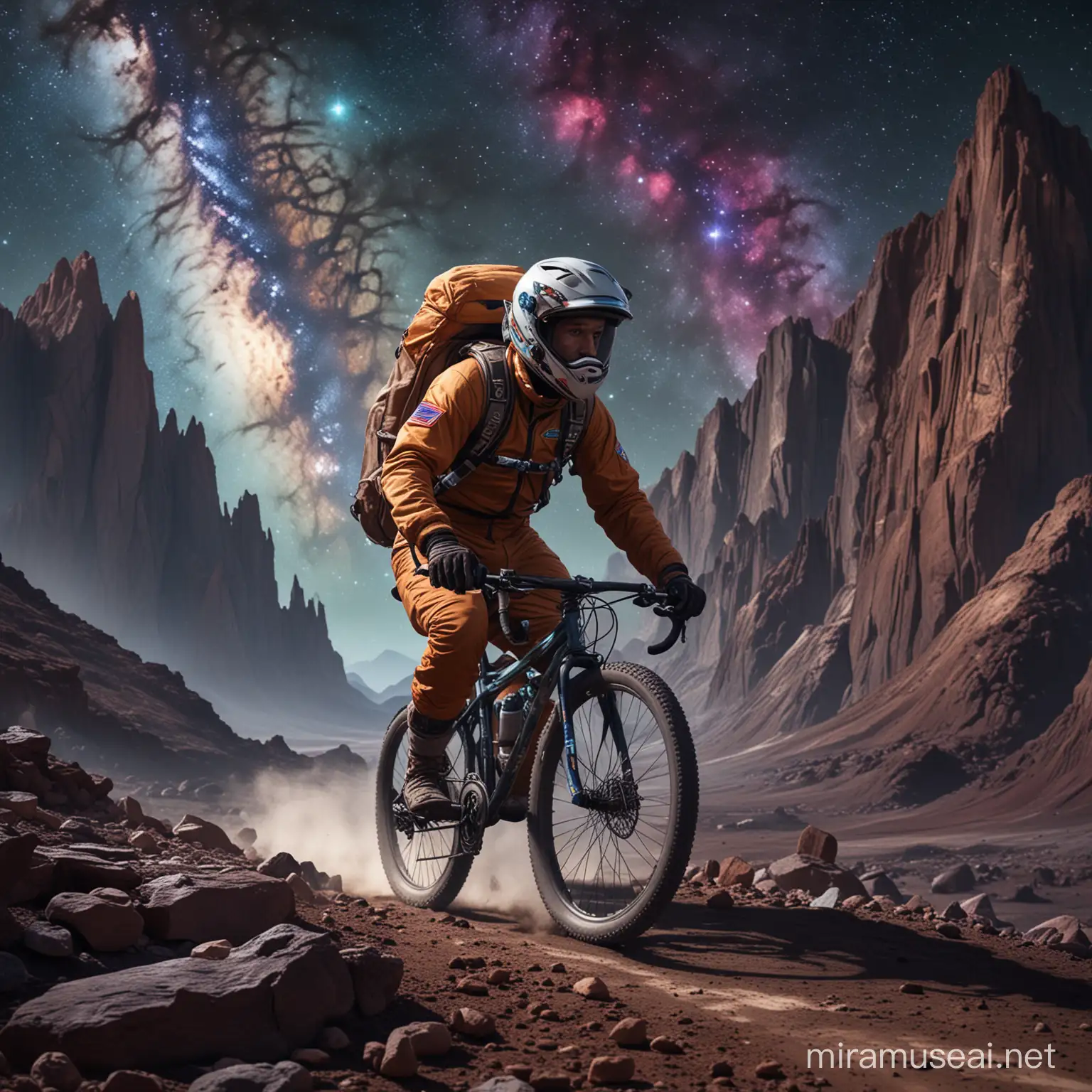 an austronut riding a bicycle in space, dark colorful mountainsious Rocky 